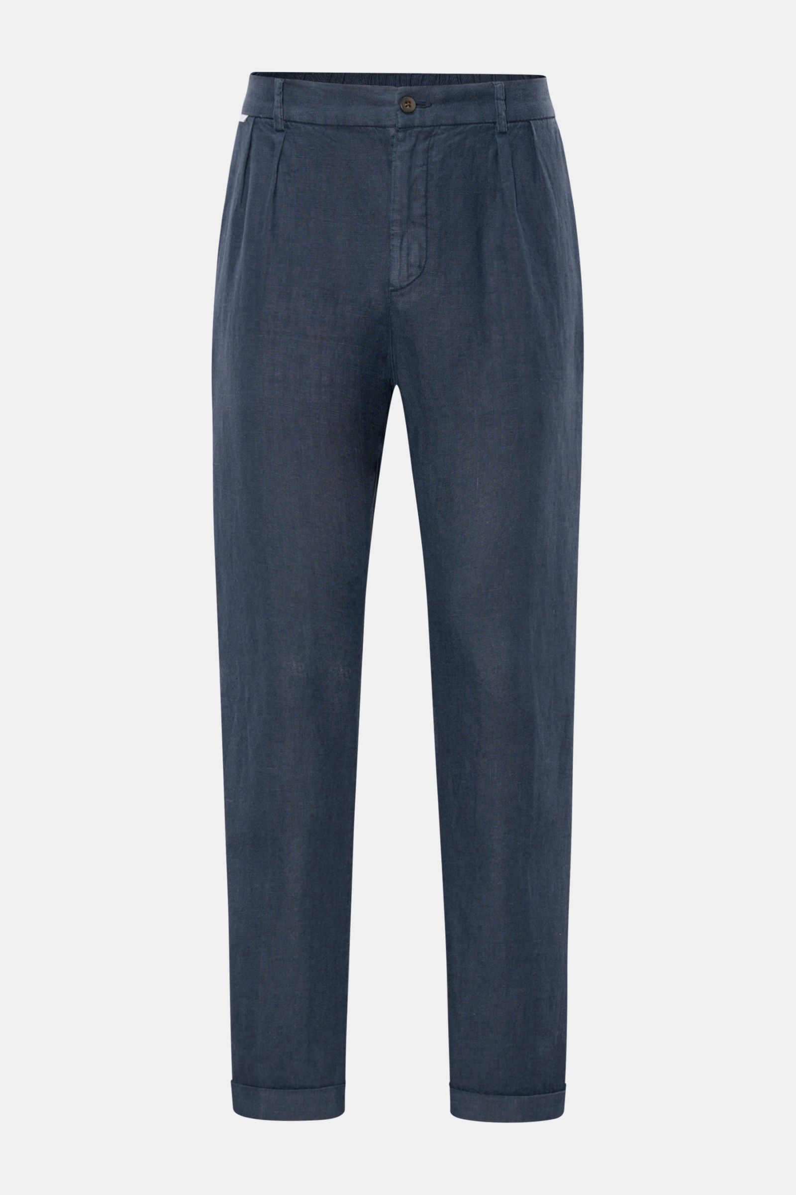 Front view of 04651/ A trip in a bag Linen jogger pants 'Linen Pants' navy made of pure linen with regular, tapered, short cut, zip, button, elastic waistband, drawstring, French and jetted back pockets, and signature material texture. 

Perfect for wa