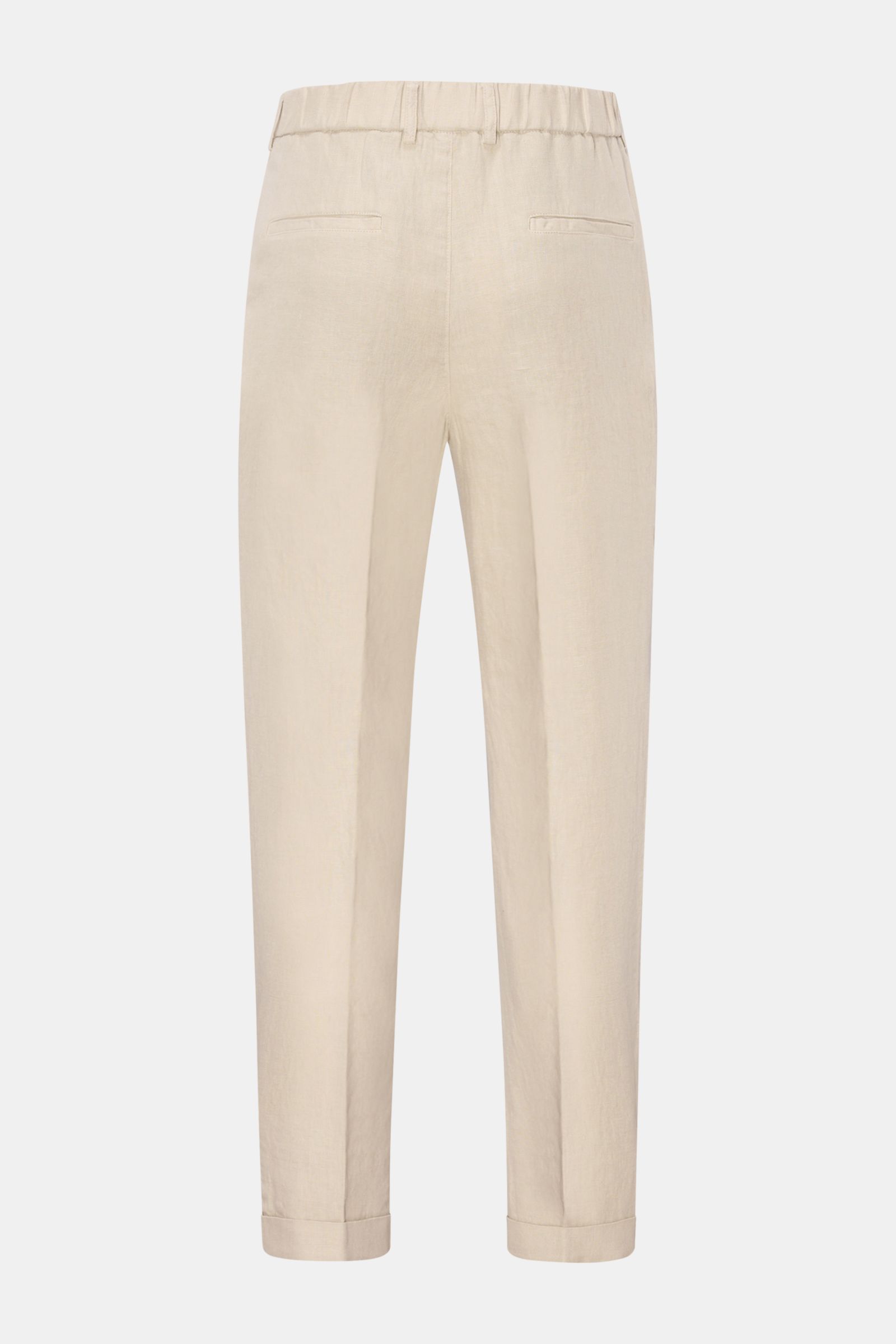 Rear view of 04651/ A trip in a bag Linen jogger pants 'Linen Pants' beige, perfect for warm days with a regular, tapered short cut.

Perfect for warm days: These linen jogger pants by 04651/ A TRIP IN A BAG are the ideal summer essential – for travel 