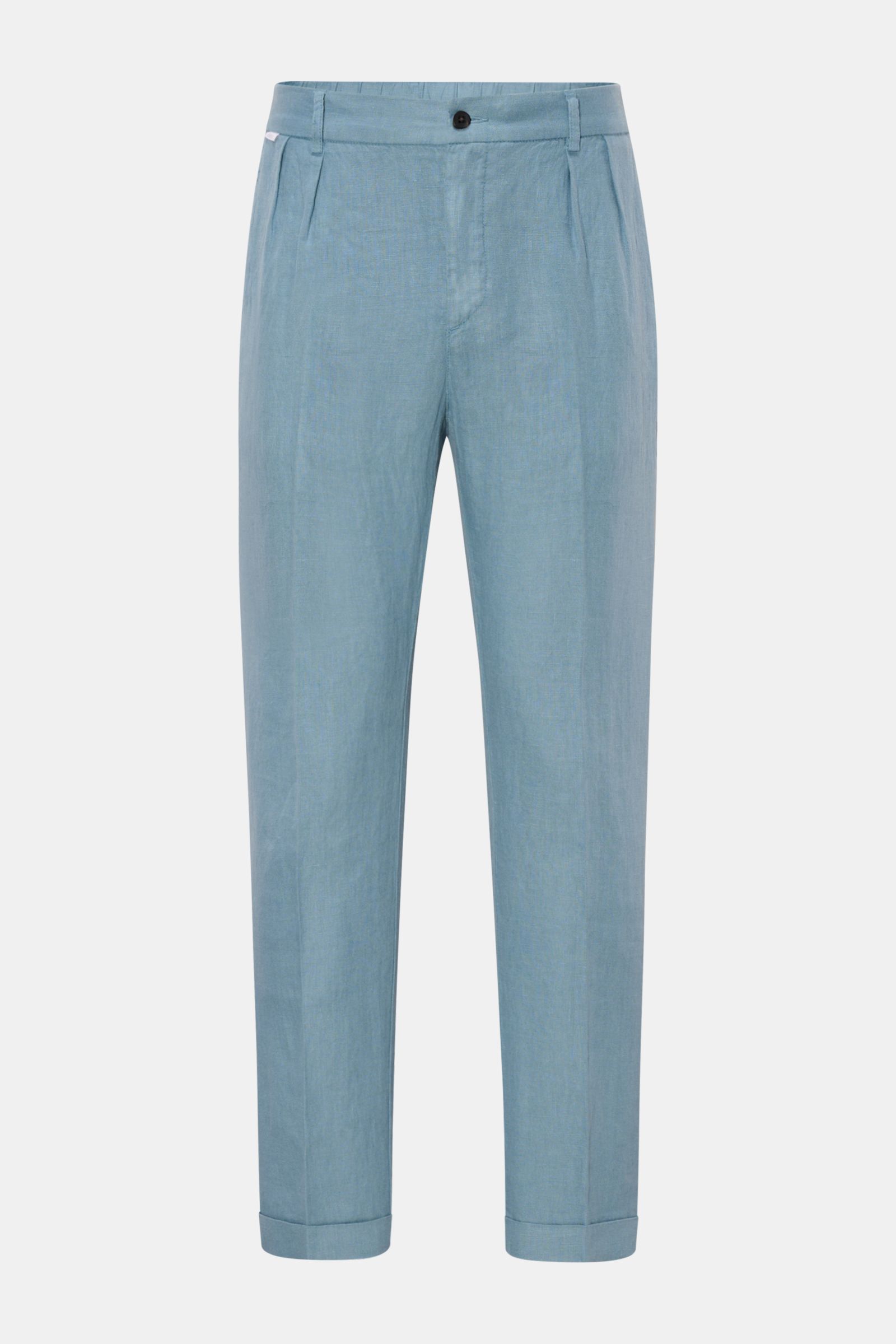 Front view of 04651/ A trip in a bag Linen jogger pants 'Linen Pants' smoky blue in pure linen, regular fit with tapered, short cut, zip and button closure, partially elasticated waistband with drawstring, French and jetted back pockets, and signature mat