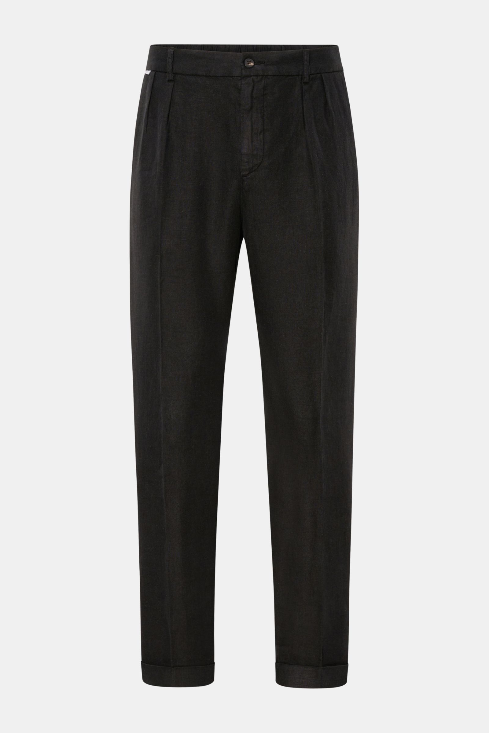 Front view of 04651/ A trip in a bag Linen jogger pants 'Linen Pants' black, pure linen fabric with tapered, short regular fit. Perfect for warm days: These linen jogger pants by 04651/ A TRIP IN A BAG are the ideal summer essential – for travel or for th