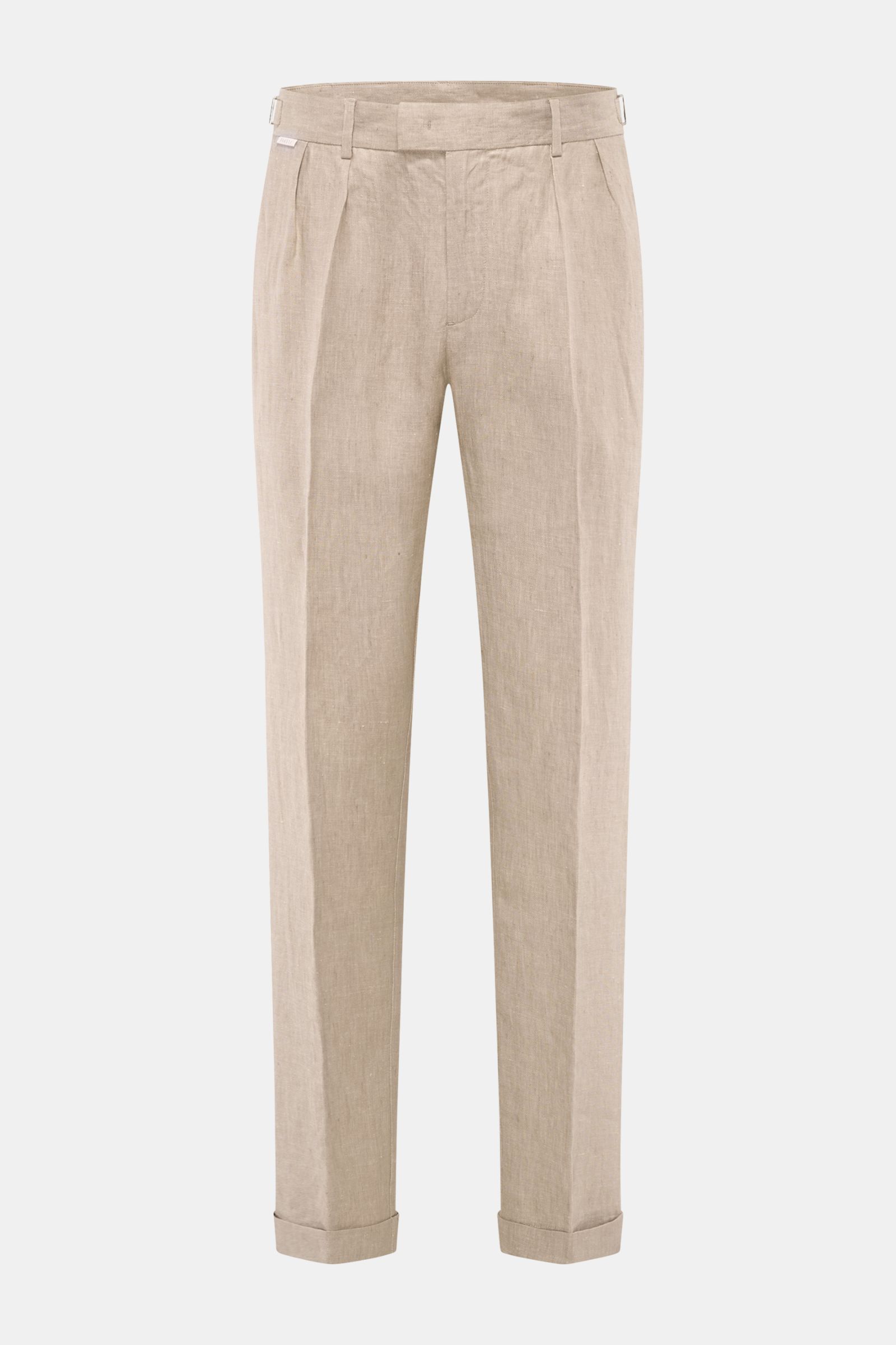 Frontansicht der 04651/ A trip in a bag Leinenhose taupe meliert aus reinem Leinen, tapered Fit mit Bundhaken, Saumaufschlag, Bund-Adjuster.