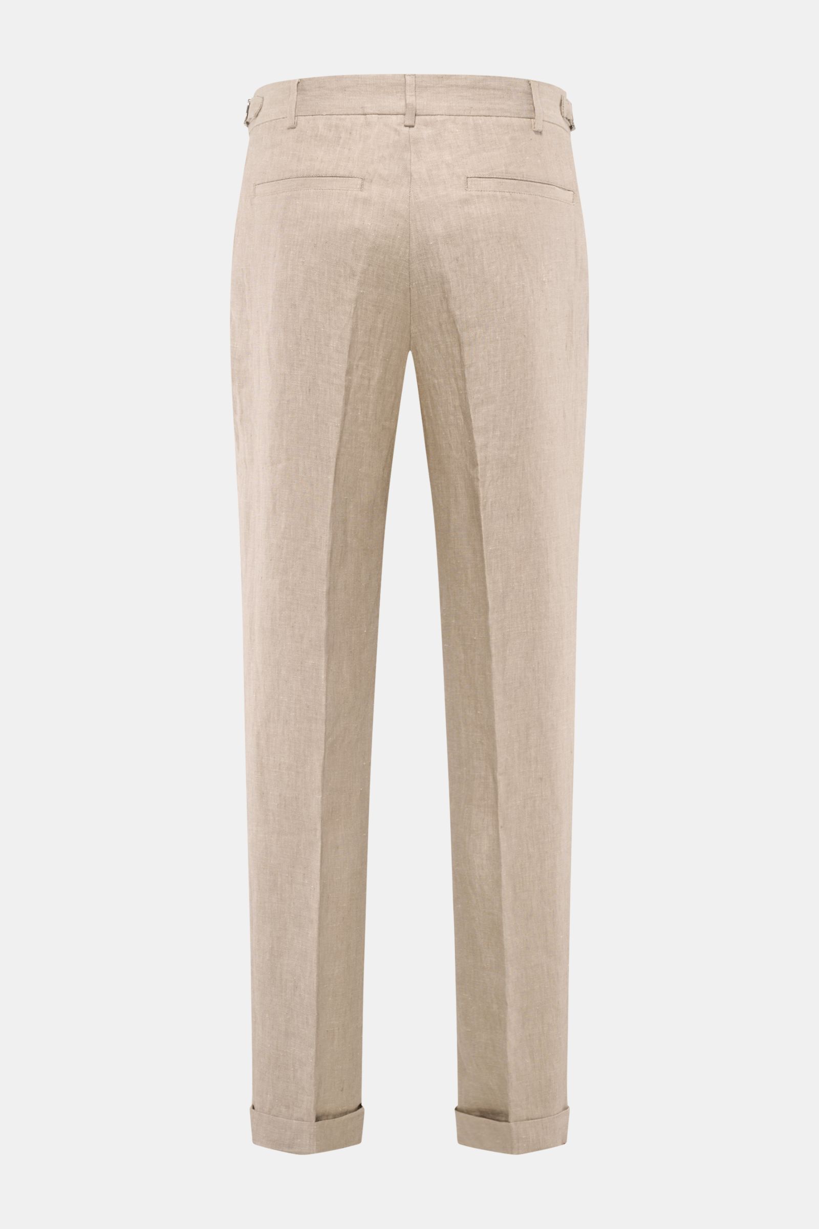Rückansicht der 04651/ A trip in a bag Leinenhose taupe meliert aus reinem Leinen, tapered Fit, kurzer Schnitt, Bund mit Side Adjuster und fixiertem Saumaufschlag.
