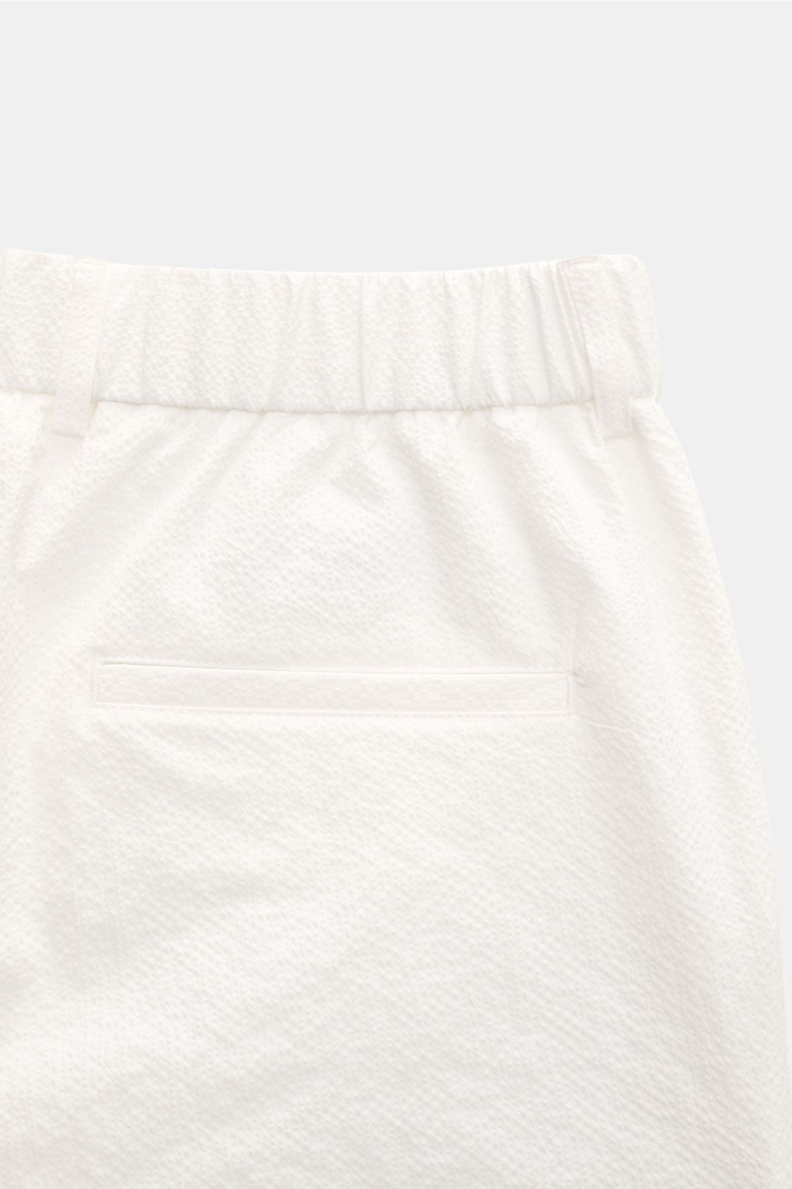 04651/ A trip in a bag Seersucker-Hose 'Technical Seersucker' offwhite, Detailansicht Rückseite knöchellang, Seersucker aus Microfaser, Tapered Fit, Bund mit Reißverschluss, Bundknopf, doppelte Bundfalte, französische Taschen, Leistentaschen, dezentes Web