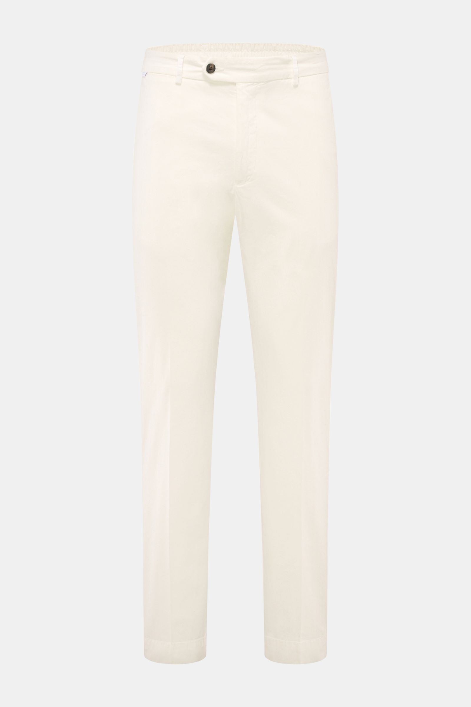 Front view of 04651/ A trip in a bag Cotton jogger pants 'Flex Light' cream, elasticated cotton, soft feel, regular fit, short and very tapered cut with zip, waist button, partially elasticated waistband, French and back pockets with button flap. Get a sm