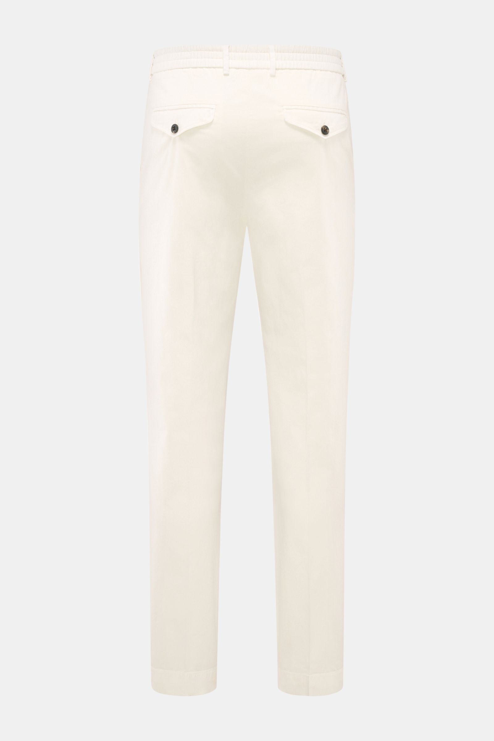 Rear view of 04651/ A trip in a bag Cotton jogger pants 'Flex Light' cream in a smart-casual style, elasticated cotton, soft feel, regular fit, short and very tapered cut, with zip, waist button, partially elasticated waistband, small woven label, French 
