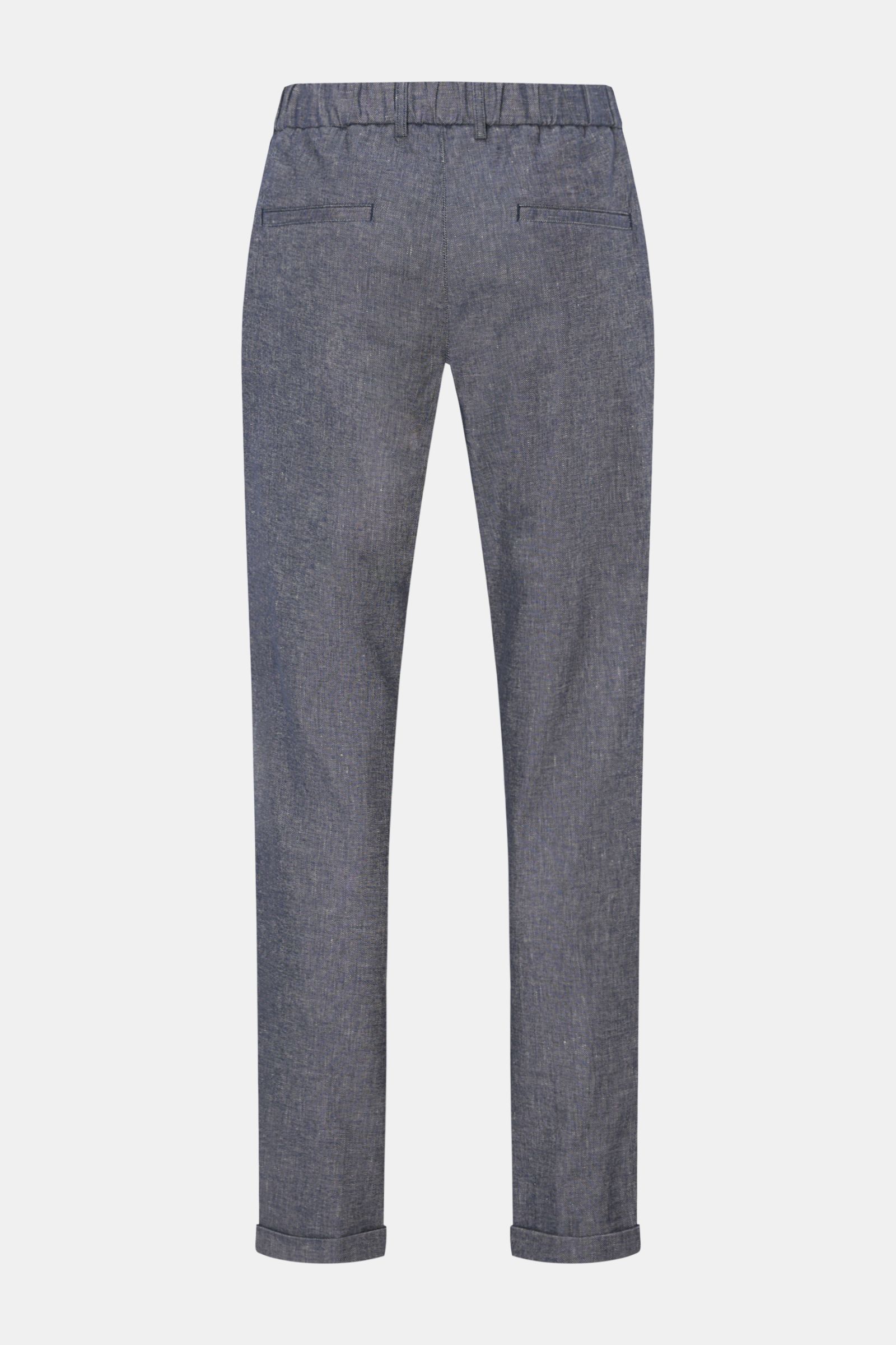 Rückansicht der 04651/ A trip in a bag Denim Chino 'Denim Pants' graublau, knöchellang, schmal zulaufend, halb-elastischer Bund, Leinen-Baumwoll-Mix.