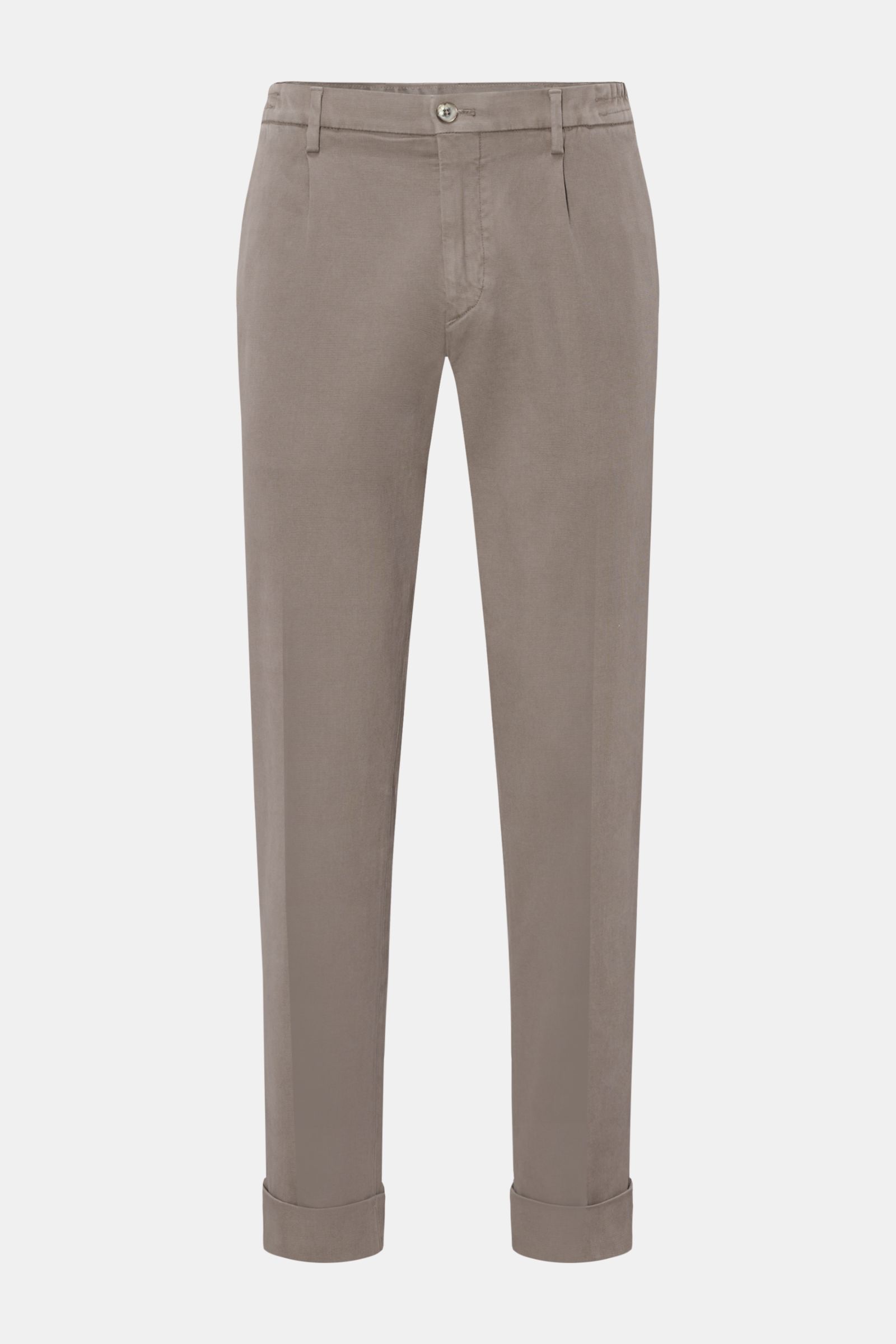 GTA Trousers 'Dennis' grey-brown shown front view, cropped slim fit with tapered legs, comfort waistband, single pleat, French and back button pockets.  
With the cropped, tapered trousers 'Dennis', GTA presents an essential that combines the relaxed f