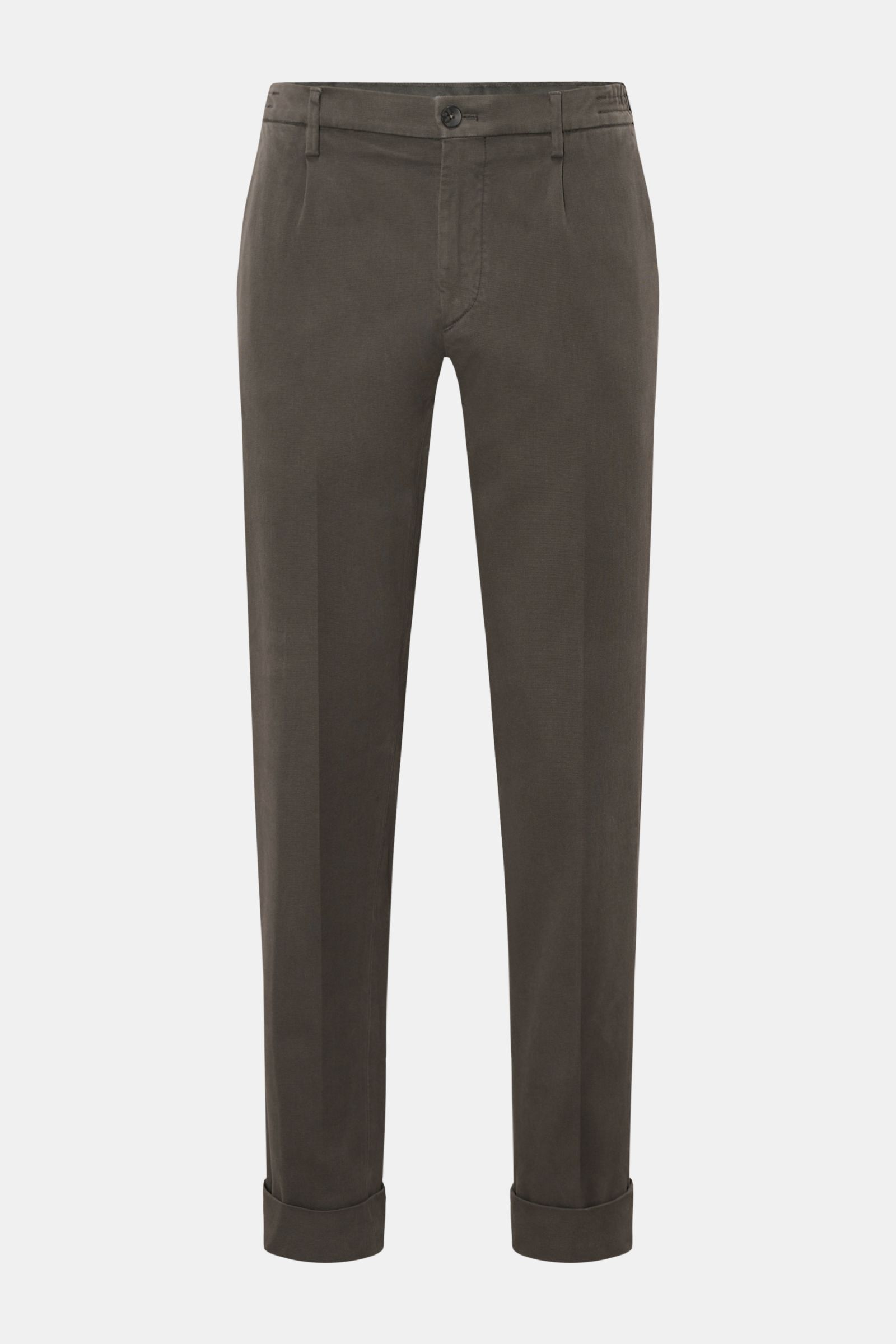 Front view of GTA Trousers 'Dennis' dark grey, cropped tapered slim fit with waistband, zip, button, pleats, French and back pockets, fixed hem.