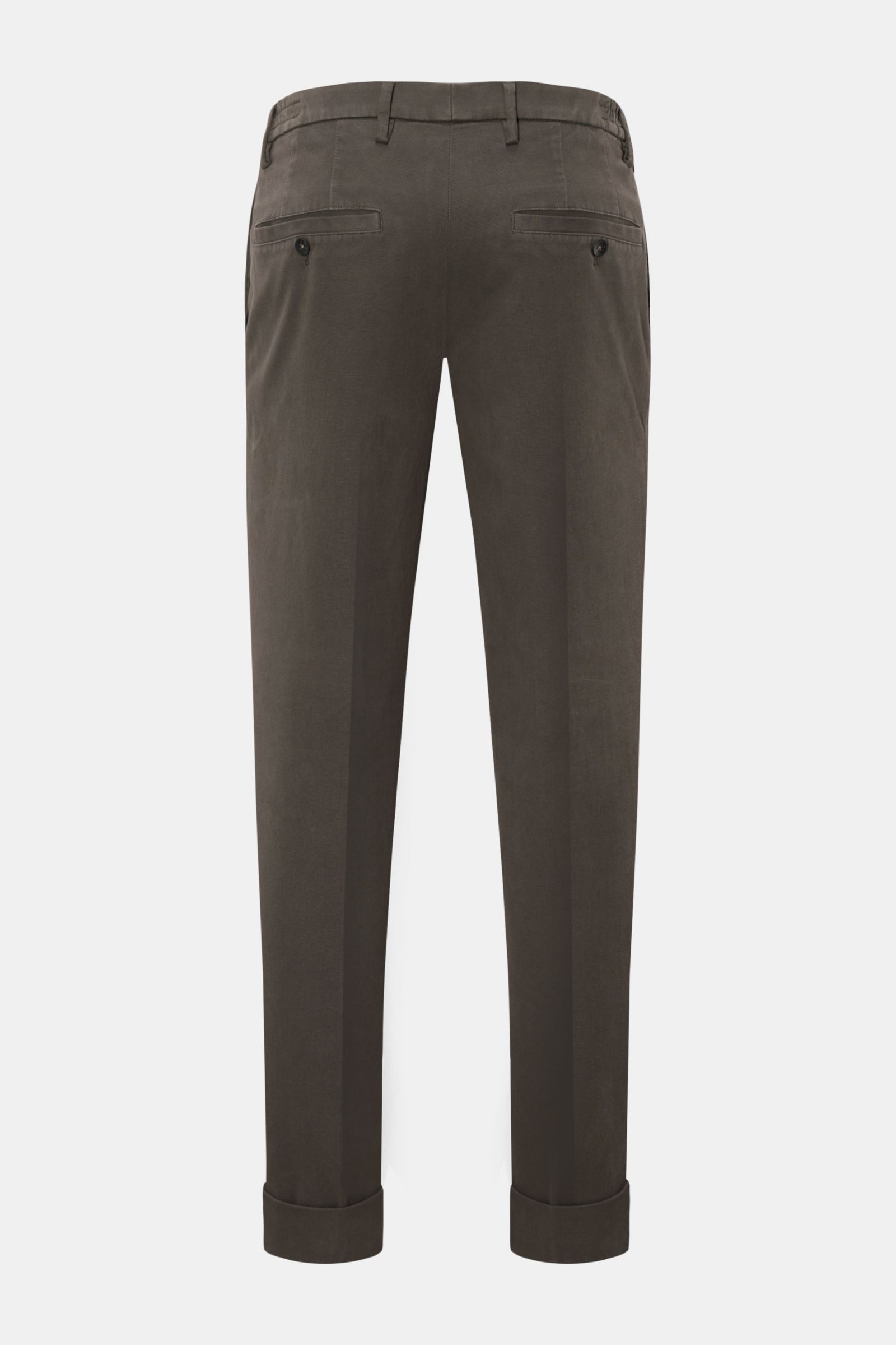 Rear view of GTA Trousers 'Dennis' dark grey, cropped tapered slim fit with fixed hem turn-up, buttoned back pockets, and comfort waistband. 

Description: With the cropped, tapered trousers 'Dennis', GTA presents an essential that combines the relaxed fe