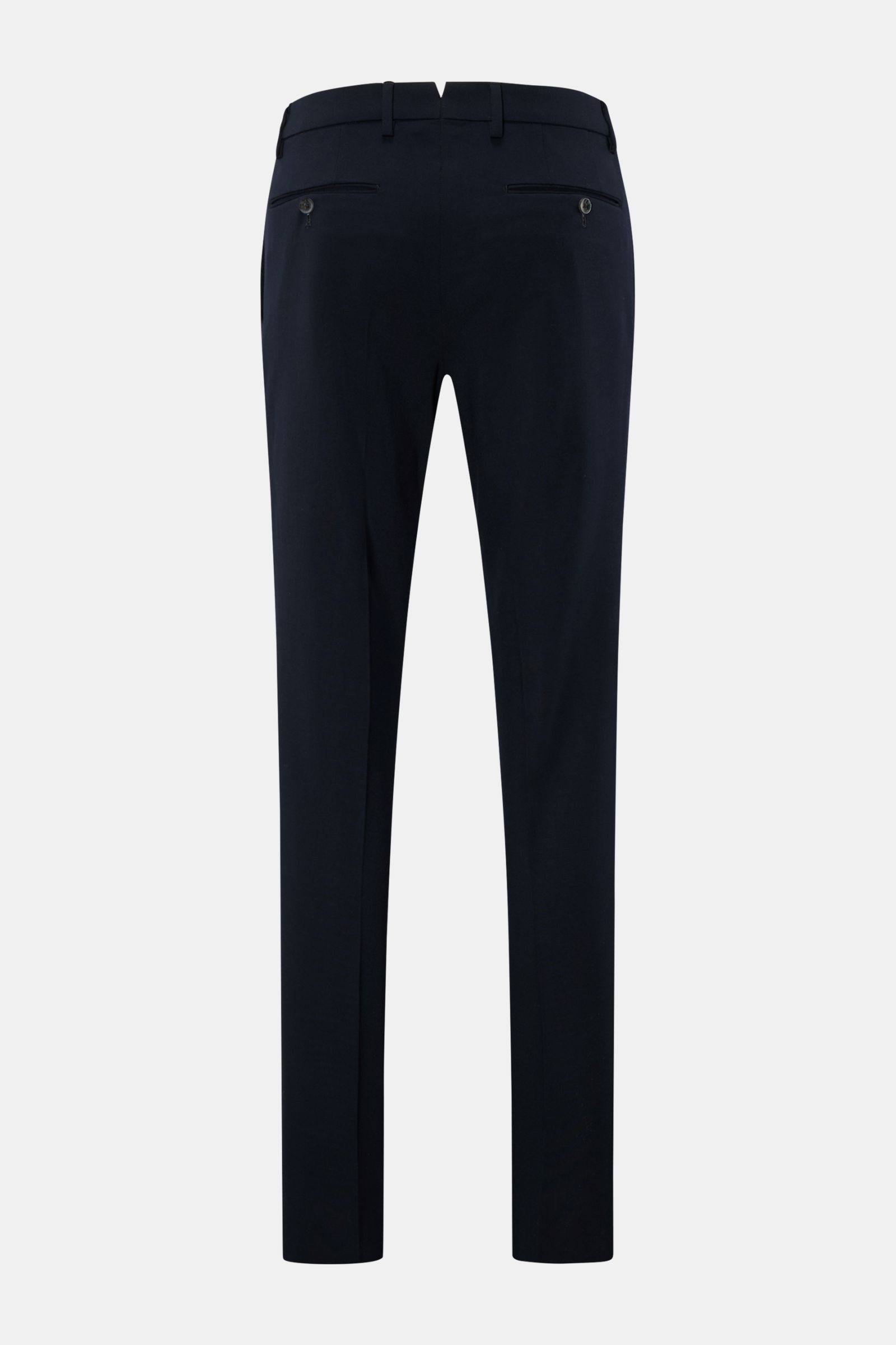 Rear view of navy GTA Trousers 'Federico' showcasing single pleat, French pockets, jetted back pockets with buttons, zip, waist button, and elastic waistband, made from a soft, slightly elastic blend of viscose and microfibre with a regular fit and slight