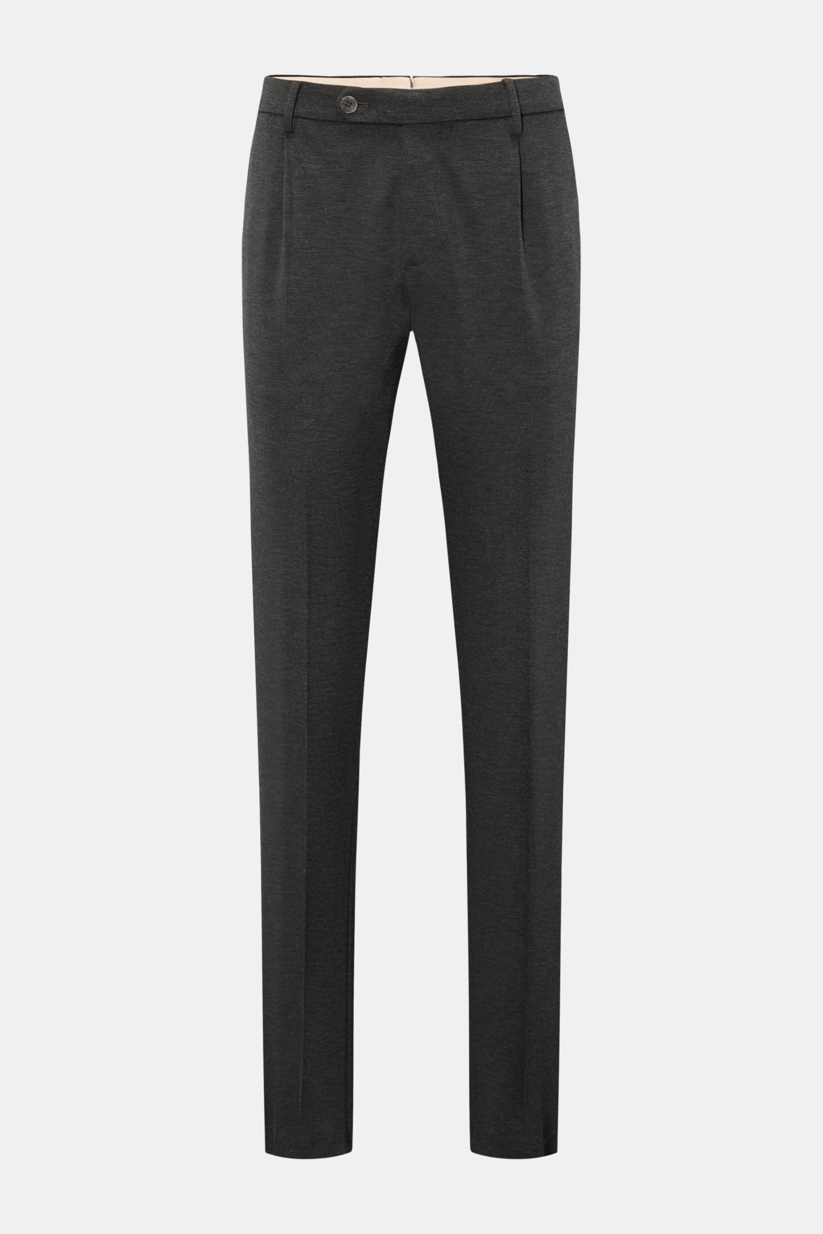 GTA Hose 'Federico' dunkelgrau meliert, frontale Nahaufnahme, Regular Fit, leicht elastisch, Bundknopf, Reißverschluss, französische Taschen, offene Saumlänge.