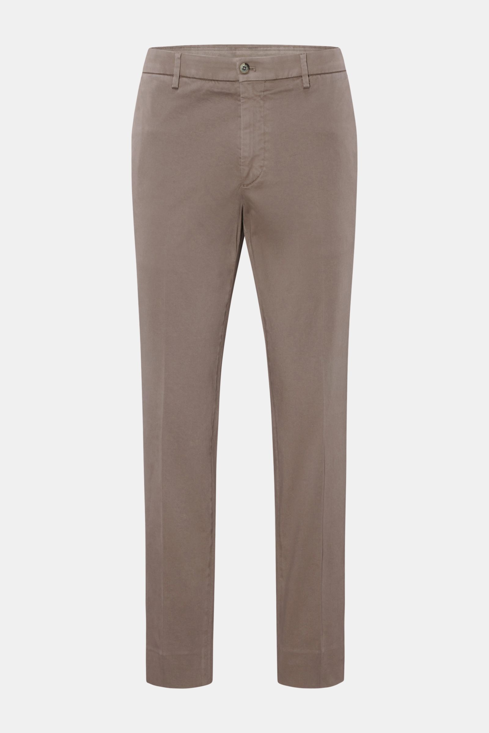 GTA Baumwollhose 'Davide' taupe in frontaler Ansicht, knöchellang, sehr schmal zulaufend, mit teilelastischem Bund, französischen Taschen und Logo-Detail.