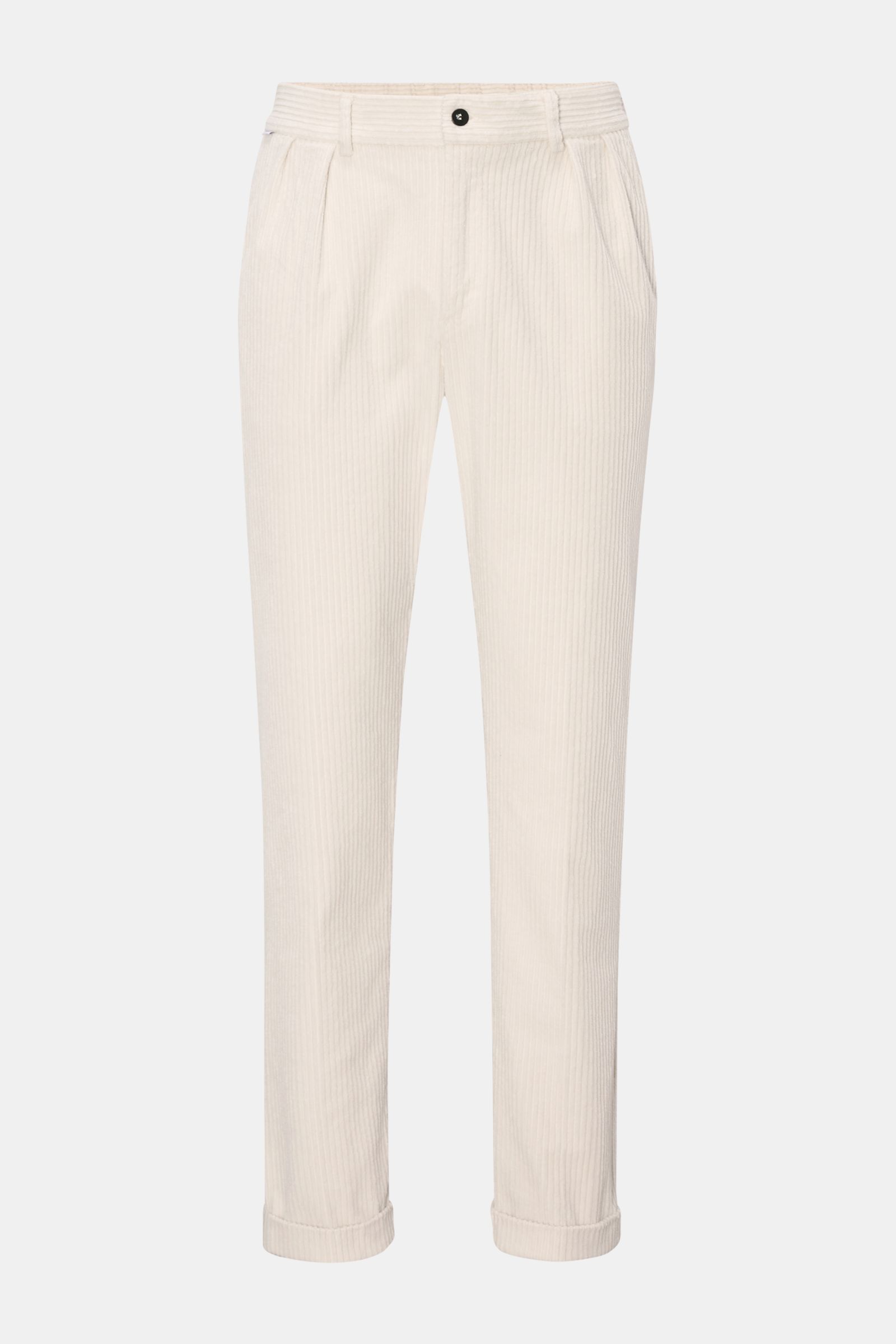 Front view of 04651/ A trip in a bag Cordhose offwhite, stylish corduroy pants with elastic cotton, tapered fit, ankle length.