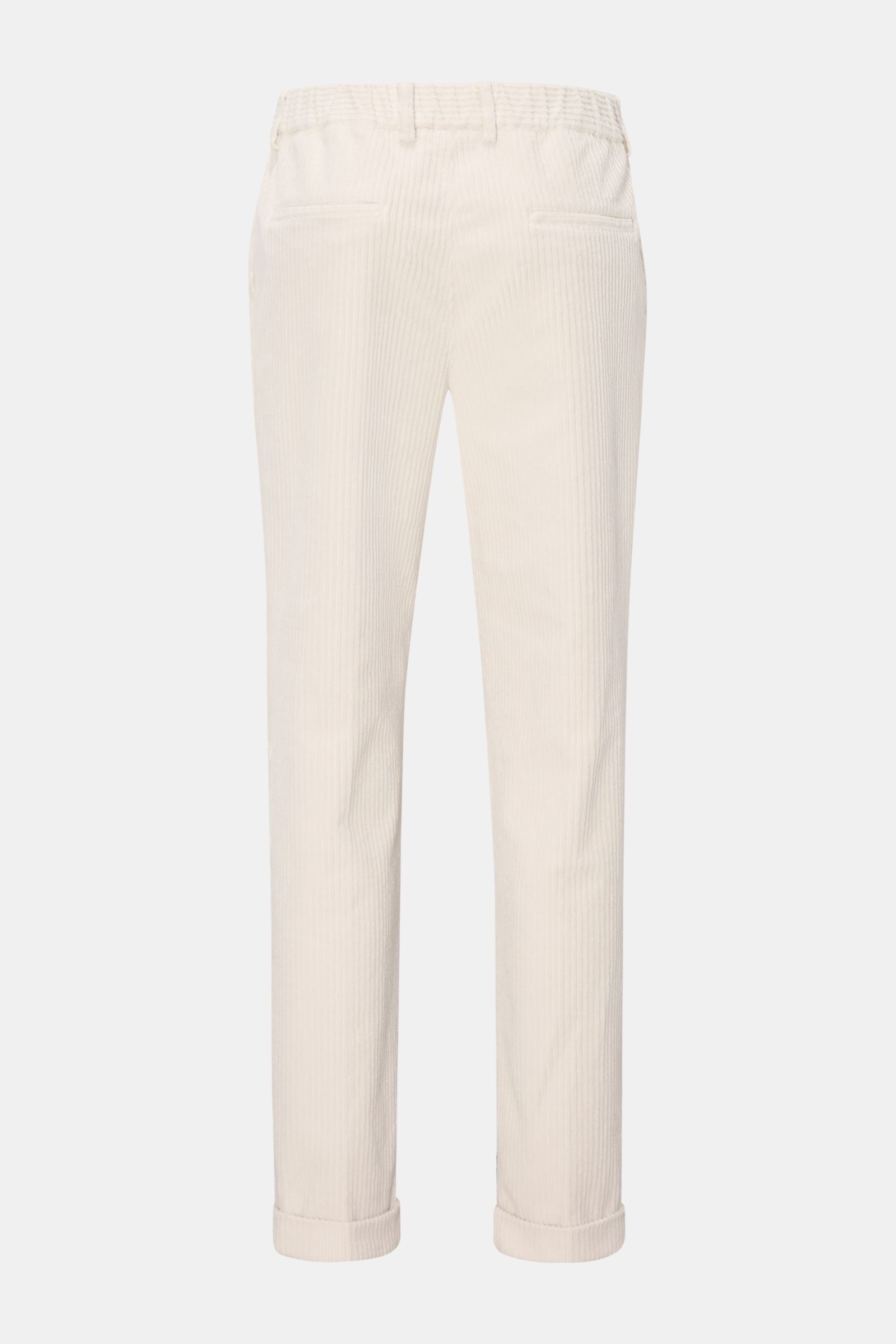 Rear view of 04651/ A trip in a bag Cordhose offwhite corduroy pants, tapered fit, elastic cotton, soft touch, ankle-length with double pleats, welt back pockets, zip and button, partially elastic waistband, and fixed cuff. Stilvoller Allrounder: Die Cord