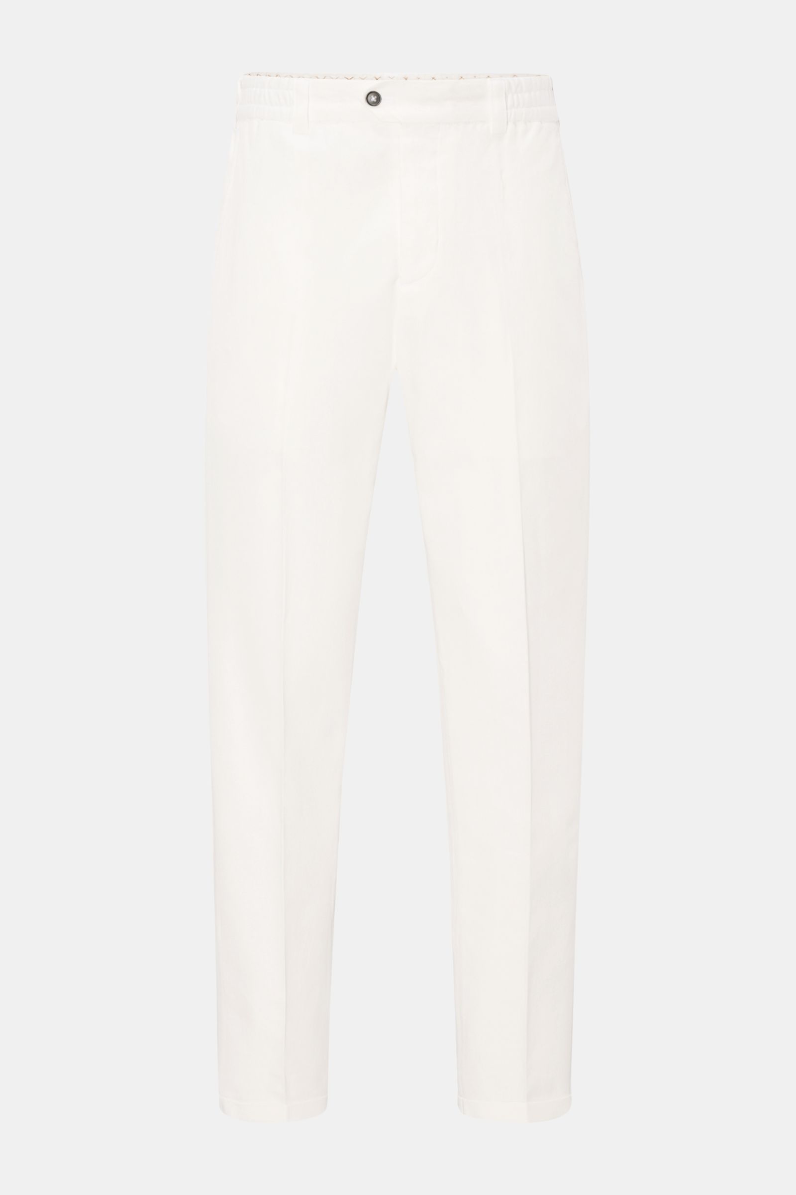 PT Torino Jogpants 'The Rebel' offwhite, frontale Ansicht, kurze, schmal zulaufende Baumwoll-Leinen-Hose mit elastischem Bund, Button Fly, Taschen, Saumaufschlag.