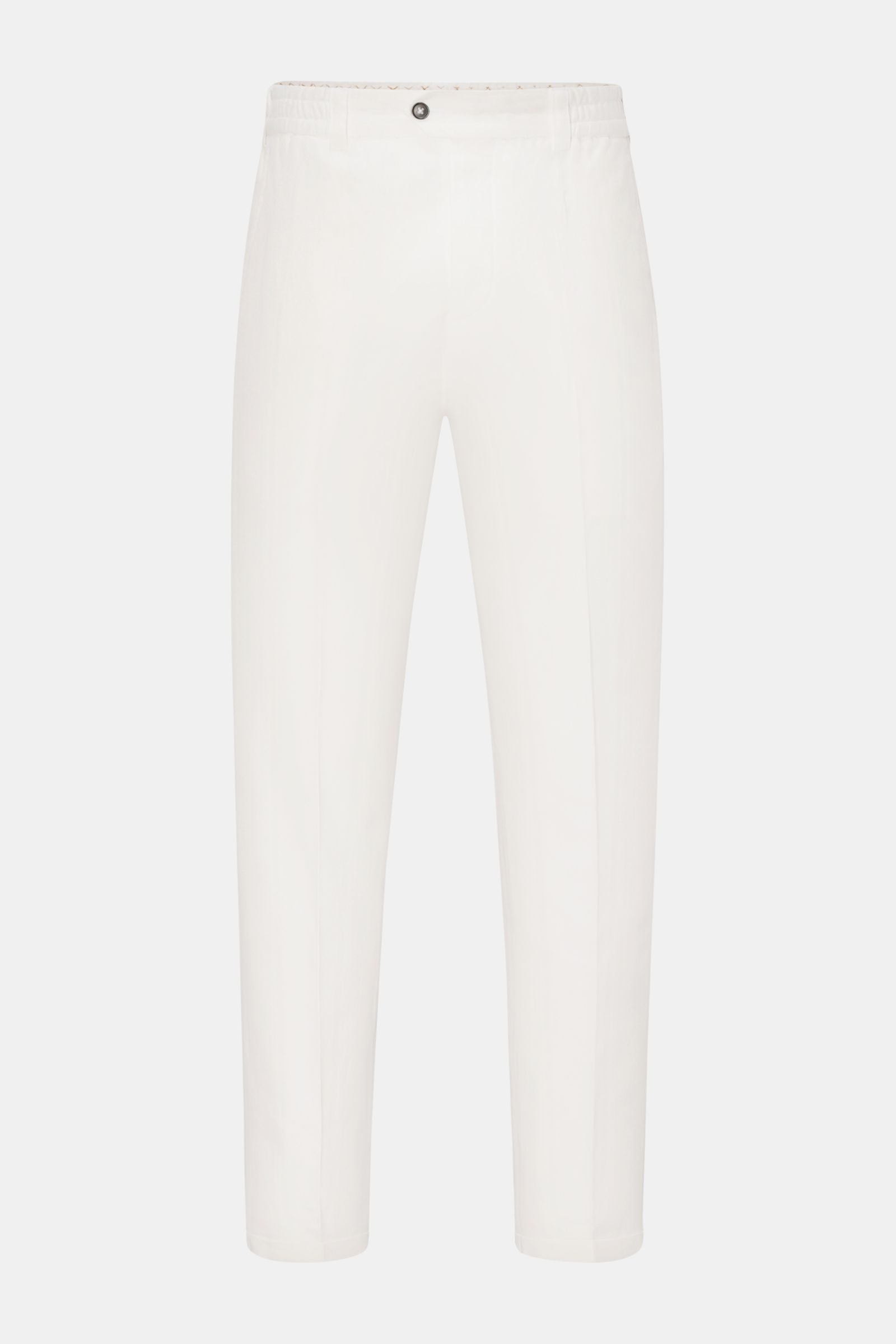 Front view of PT Torino Jogger pants 'The Rebel' off-white showing comfortable elasticated waistband, regular fit, cropped cut, cotton and linen blend, soft feel, very tapered cut, partially elasticated waistband with button fly, French pockets, back pock