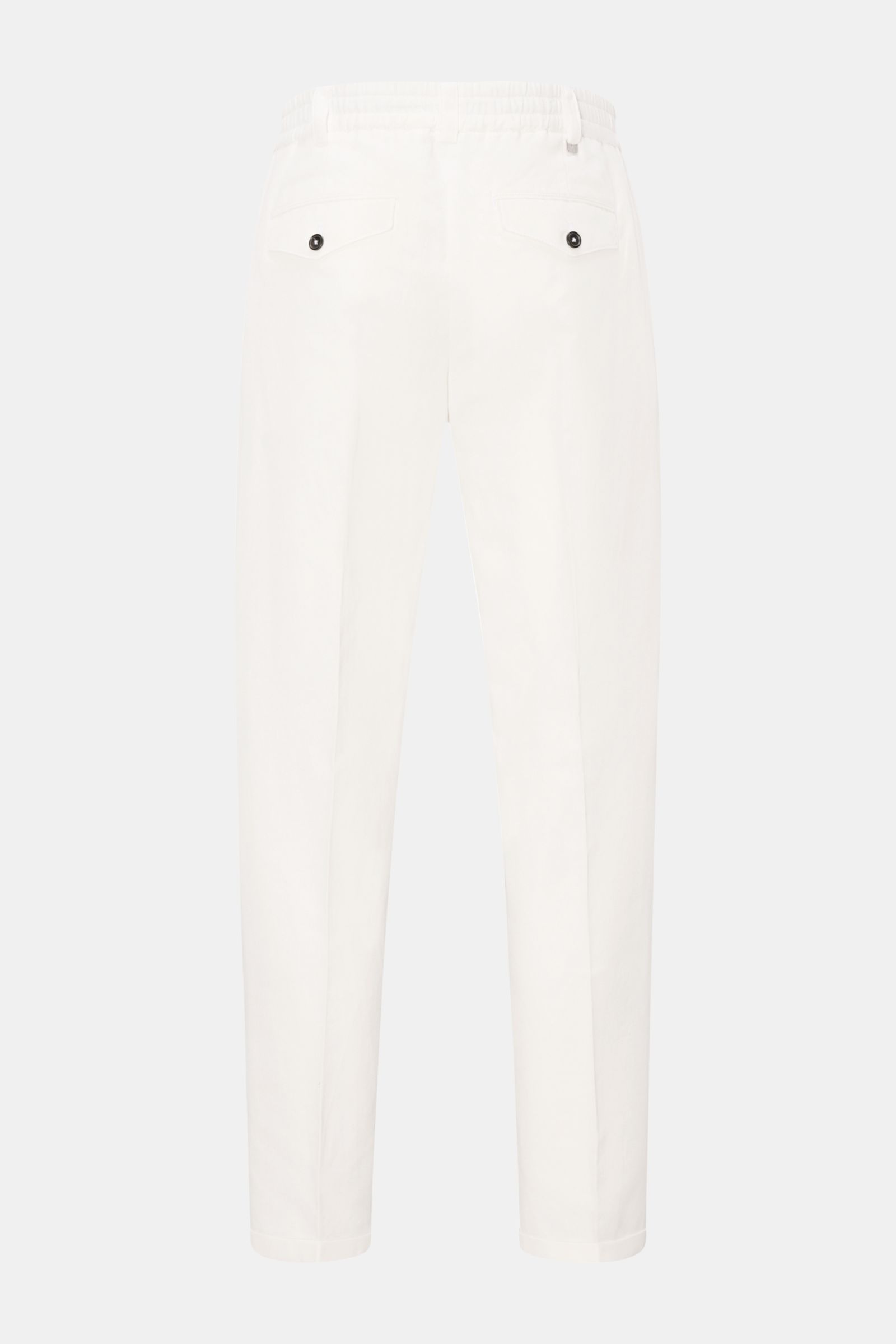 PT Torino Jogpants 'The Rebel' offwhite, Rückansicht, kurze Baumwoll-Leinenhose mit regulärem Schnitt, elastischem Bund, französischen Taschen, geknöpften Gesäßtaschen und fixiertem Saumaufschlag.