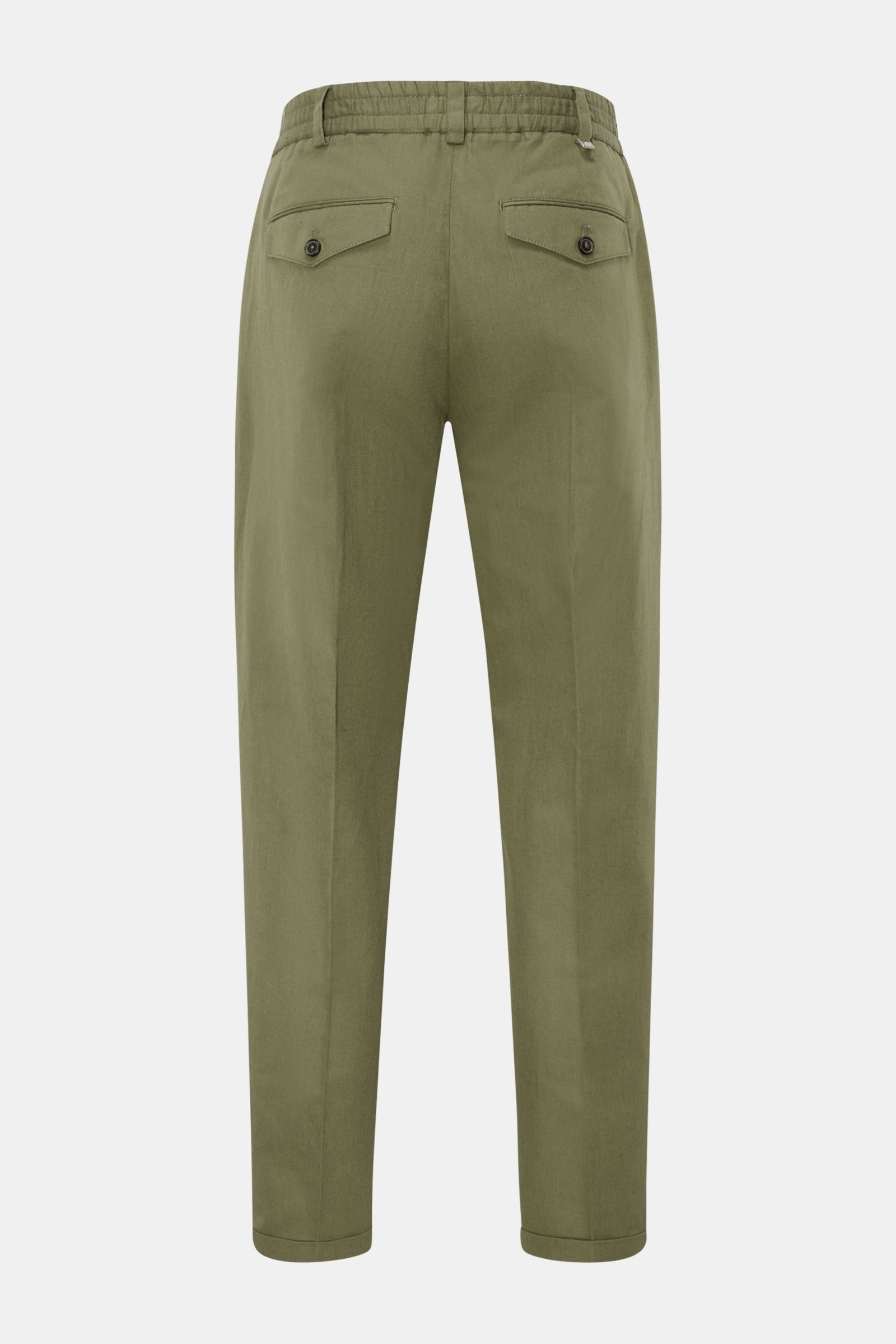 PT Torino Jogpants 'The Rebel' grün Rückansicht, Baumwoll-Leinen-Mix, Regular Fit, schmal zulaufend, kurzer Schnitt mit elastischem Bund, französischen und geknöpften Gesäßtaschen, fixiertem Saumaufschlag.