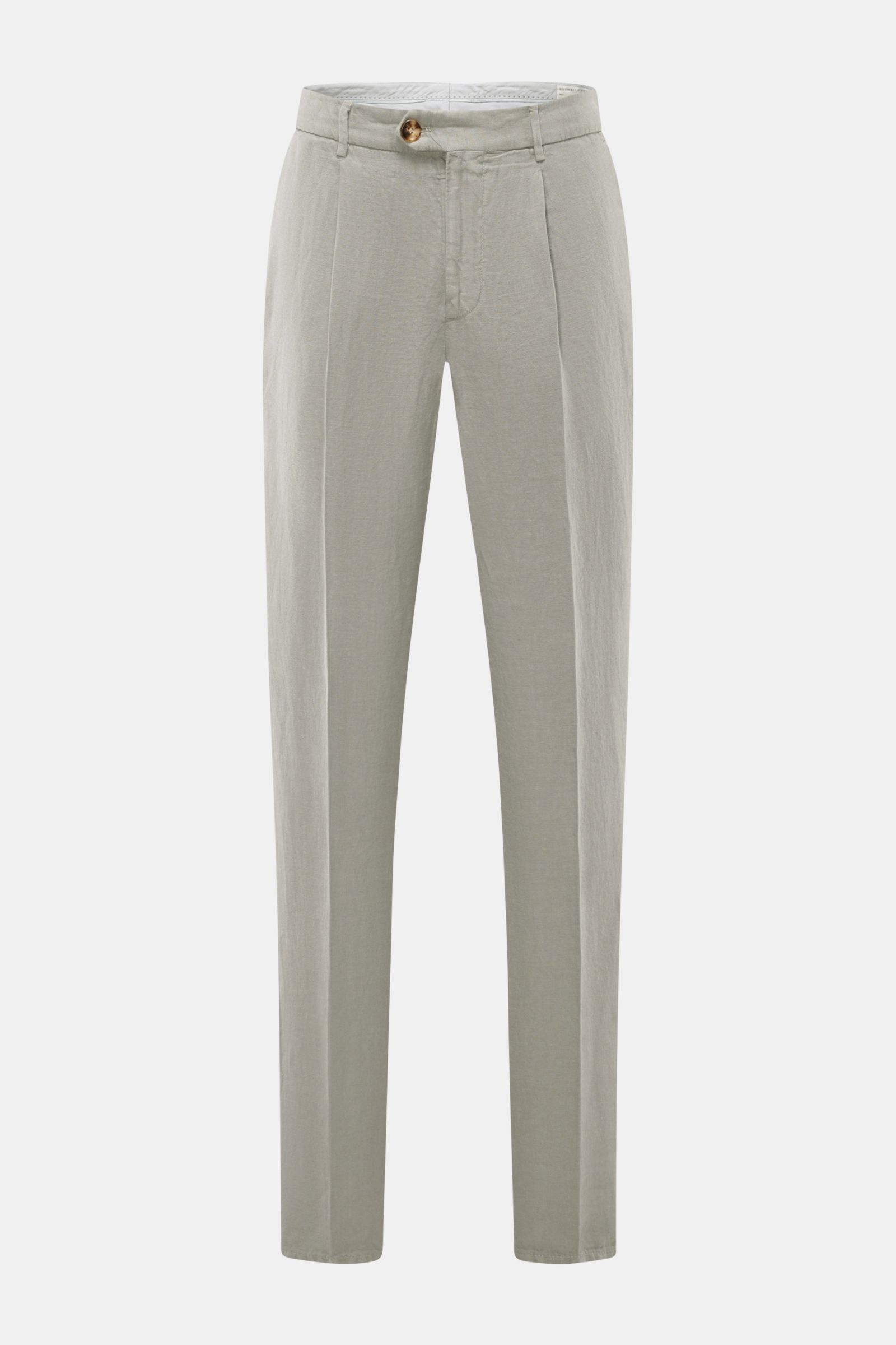 Front view of Brunello Cucinelli Leinenhose salbei, a slim-fitting, soft pure linen trouser with classic pleat, zipper, button, French pockets, and welt back pocket. Iconic essential in Italian luxury, perfect for a refined summer wardrobe.