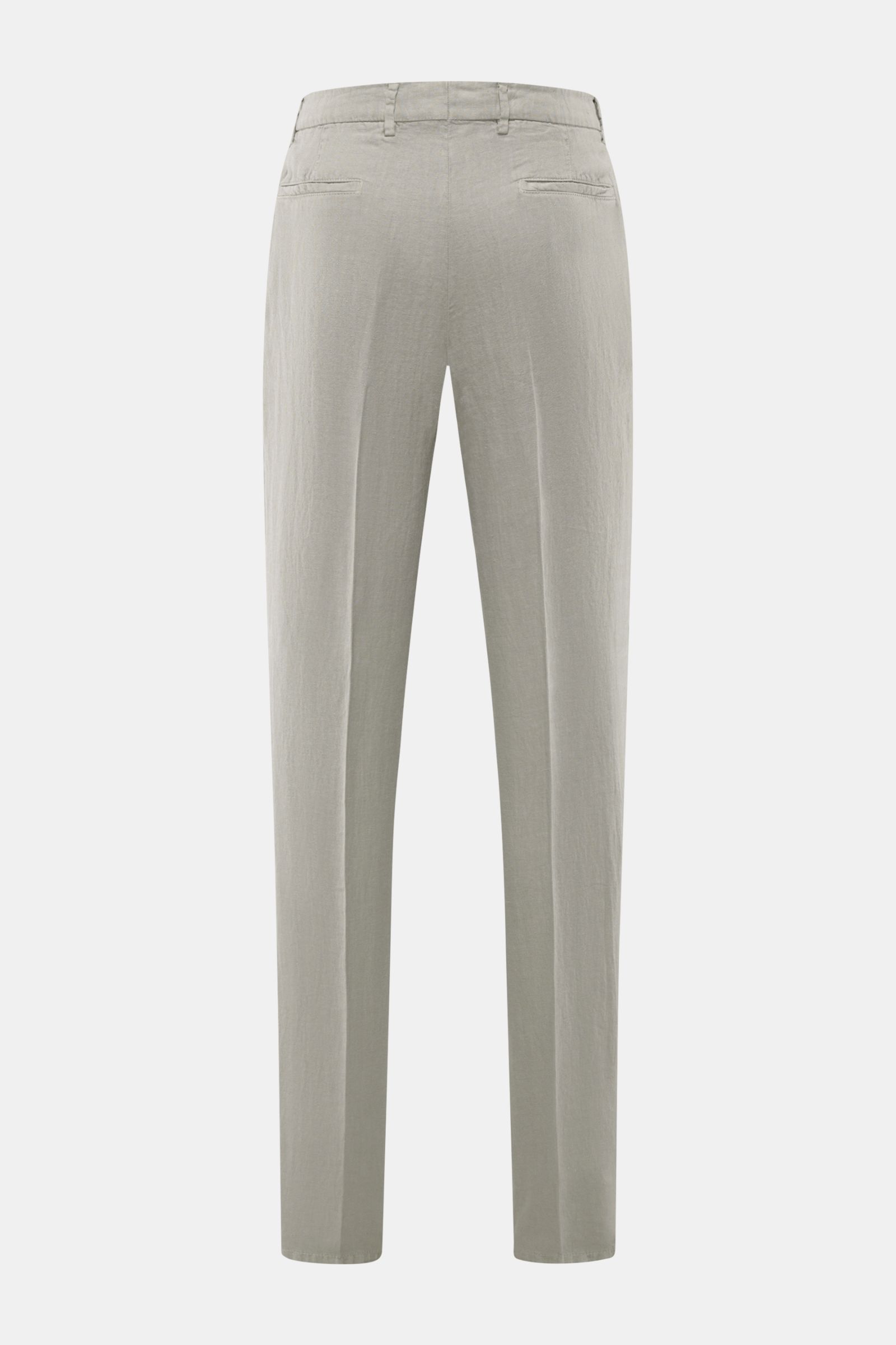 Back view of Brunello Cucinelli Leinenhose salbei, an iconic essential in Italian luxury linen pants with soft touch, regular fit, tapered legs, zip, button, single pleat, French pockets, and welt pocket.
