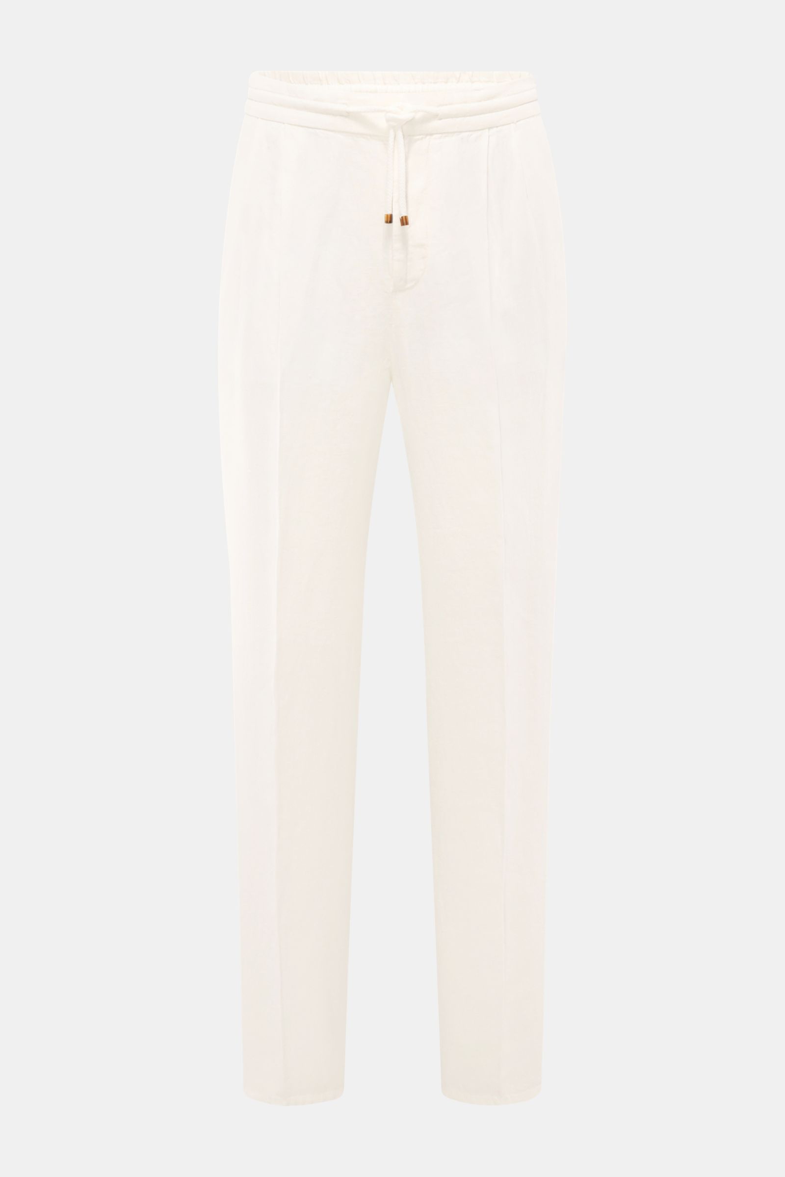 Brunello Cucinelli Leinen-Jogpants offwhite front view, pure linen twill, regular fit, tapered legs, elastic waistband with drawstring, zip and hook, double pleats, French and welt back pockets, stylish and comfortable for summer. Stil trifft Tragekomfort