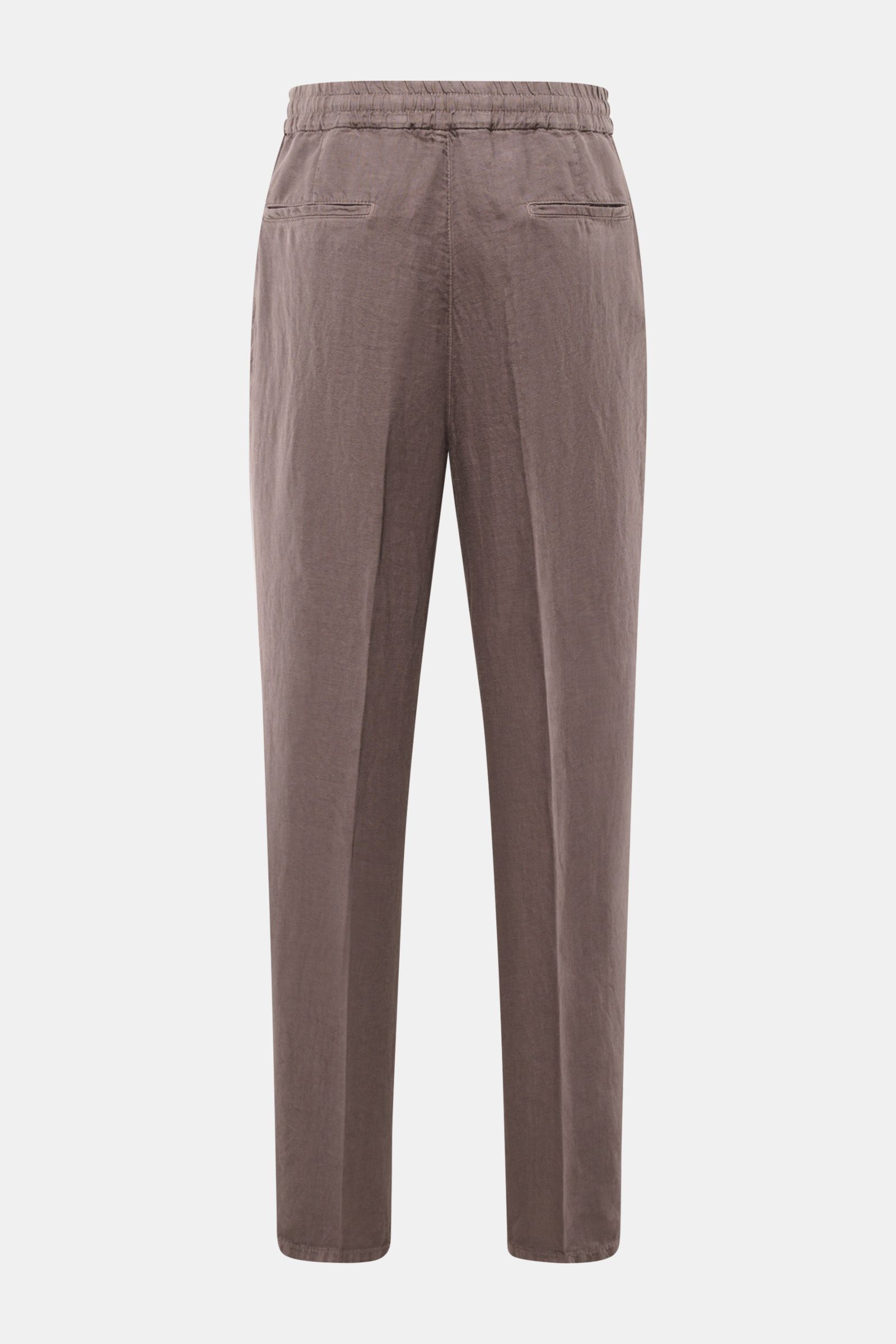 Brunello Cucinelli Leinen-Jogpants graubraun shown from the back, made of twill linen with elastic waistband, zipper, hook, French and welt pockets. Stil trifft Tragekomfort: Die Jogpants aus reinem Leinen von BRUNELLO CUCINELLI ist ein vielfältiger Begle