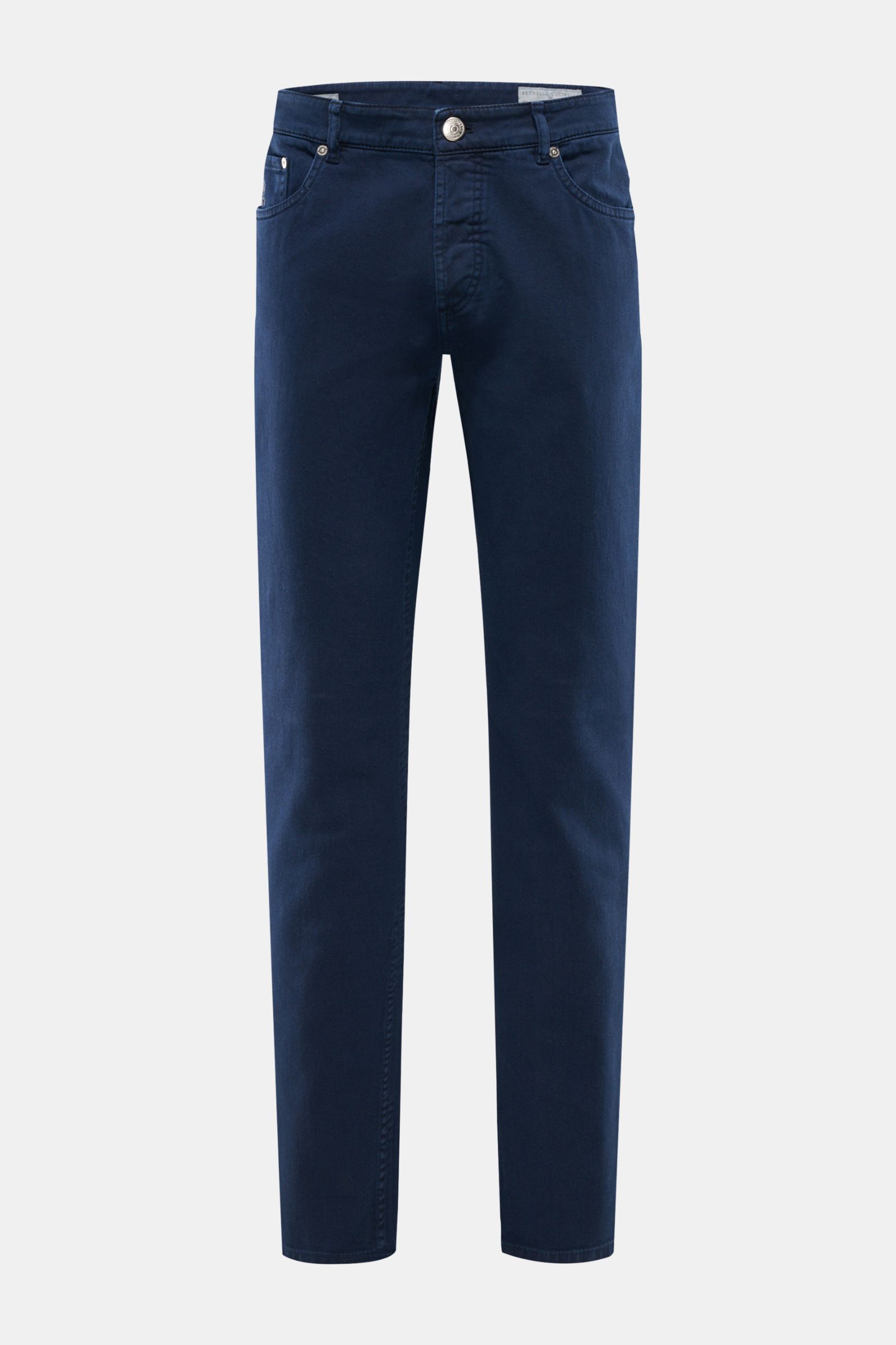 Front view of Brunello Cucinelli Jeans 'Traditional Fit' navy, relaxed tapered cotton denim with button fly, five-pocket style, logo coin pocket, and leather patch. A luxurious denim classic from BRUNELLO CUCINELLI: The versatile jeans 'Traditional Fit
