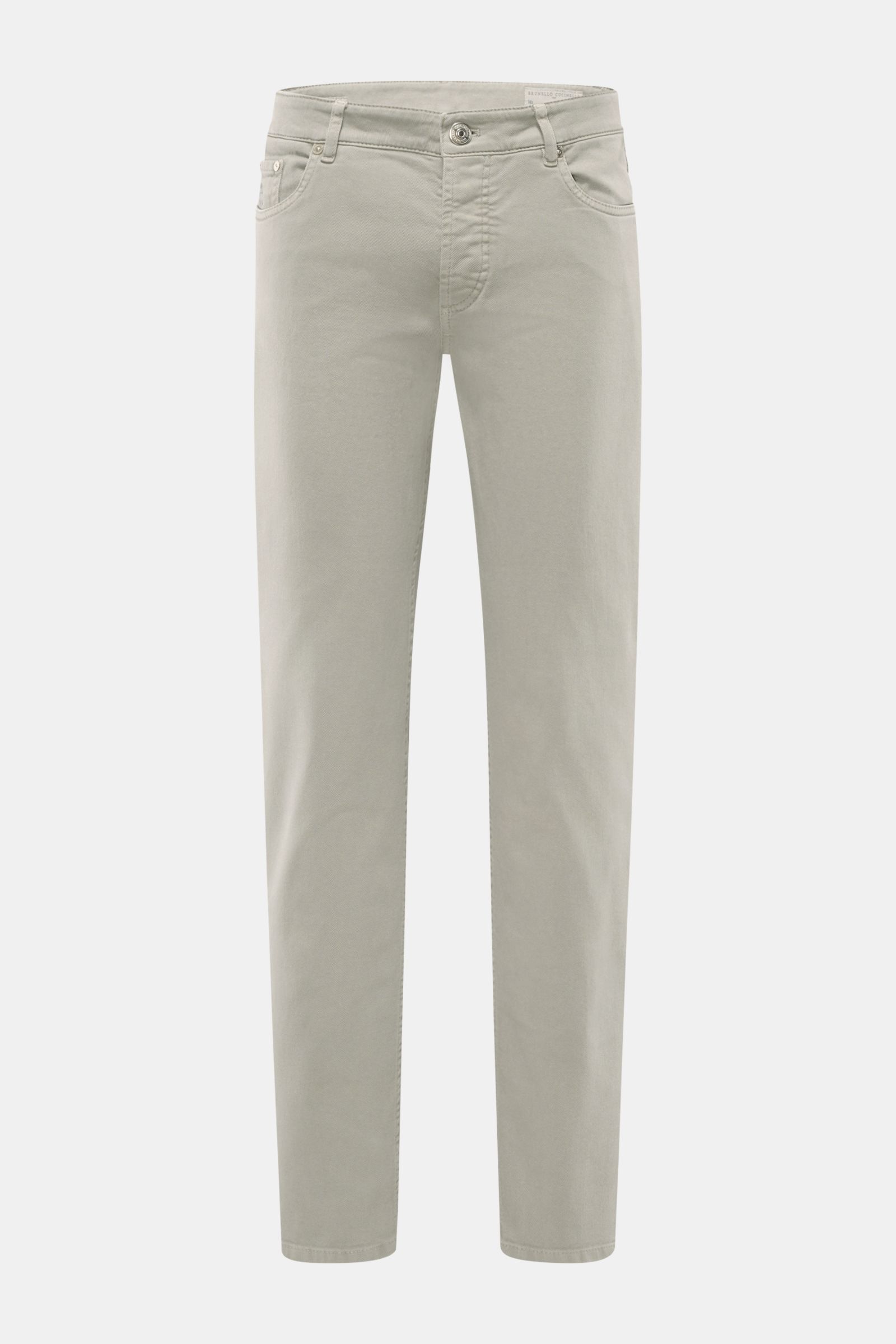 Brunello Cucinelli Jeans 'Traditional Fit' sage shown from front view, relaxed tapered fit, cotton denim, button fly, five-pocket style, coin pocket with logo stitching, leather patch, slightly elasticated and robust fabric. A luxurious denim classic from