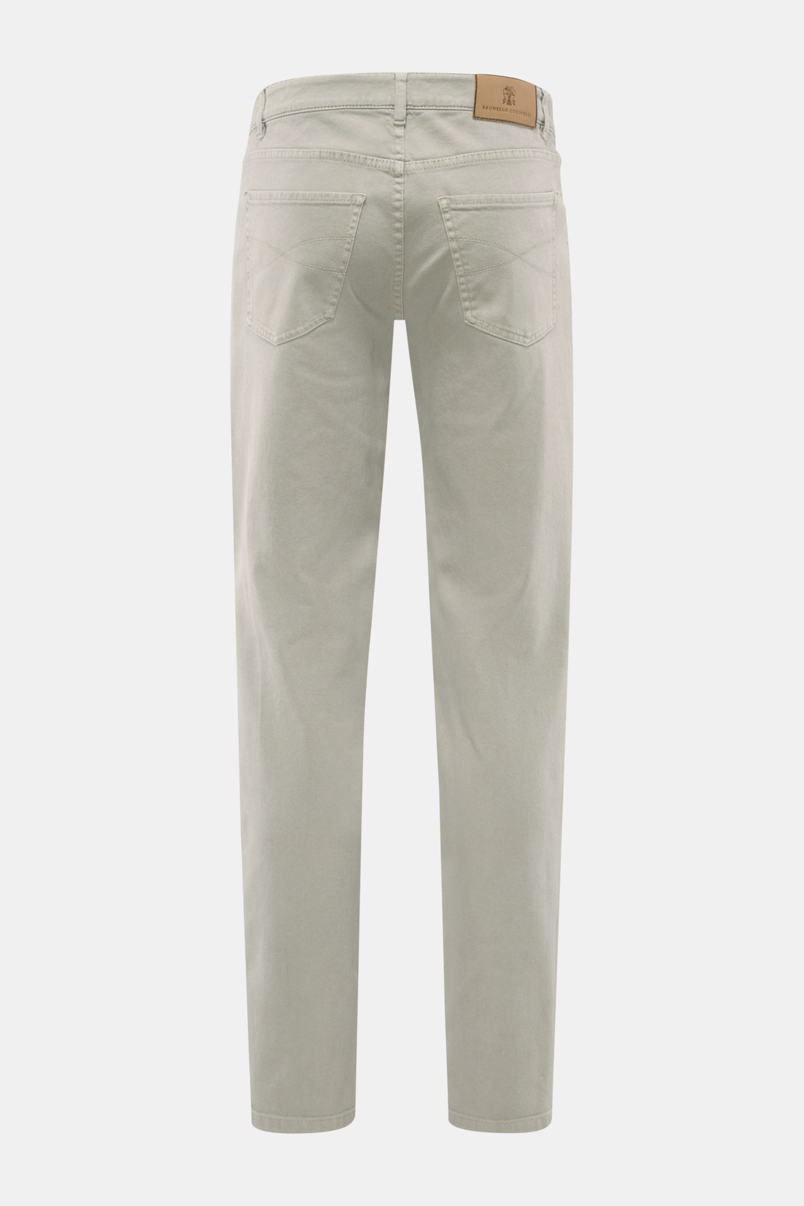 Brunello Cucinelli Jeans 'Traditional Fit' sage viewed from the back, showing tapered legs, five-pocket style, button fly.  
A luxurious denim classic from BRUNELLO CUCINELLI: The versatile jeans 'Traditional Fit' in a relaxed fit with an authentic was