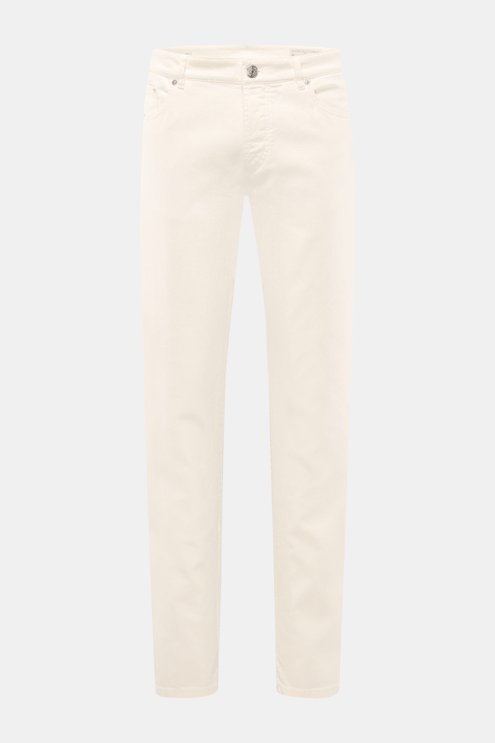Front view of Brunello Cucinelli Jeans 'Traditional Fit' cream, a luxurious denim classic in relaxed traditional fit with tapered cut, button fly, five-pocket style, coin pocket with logo stitching, and leather patch. Denim made of slightly elasticated co