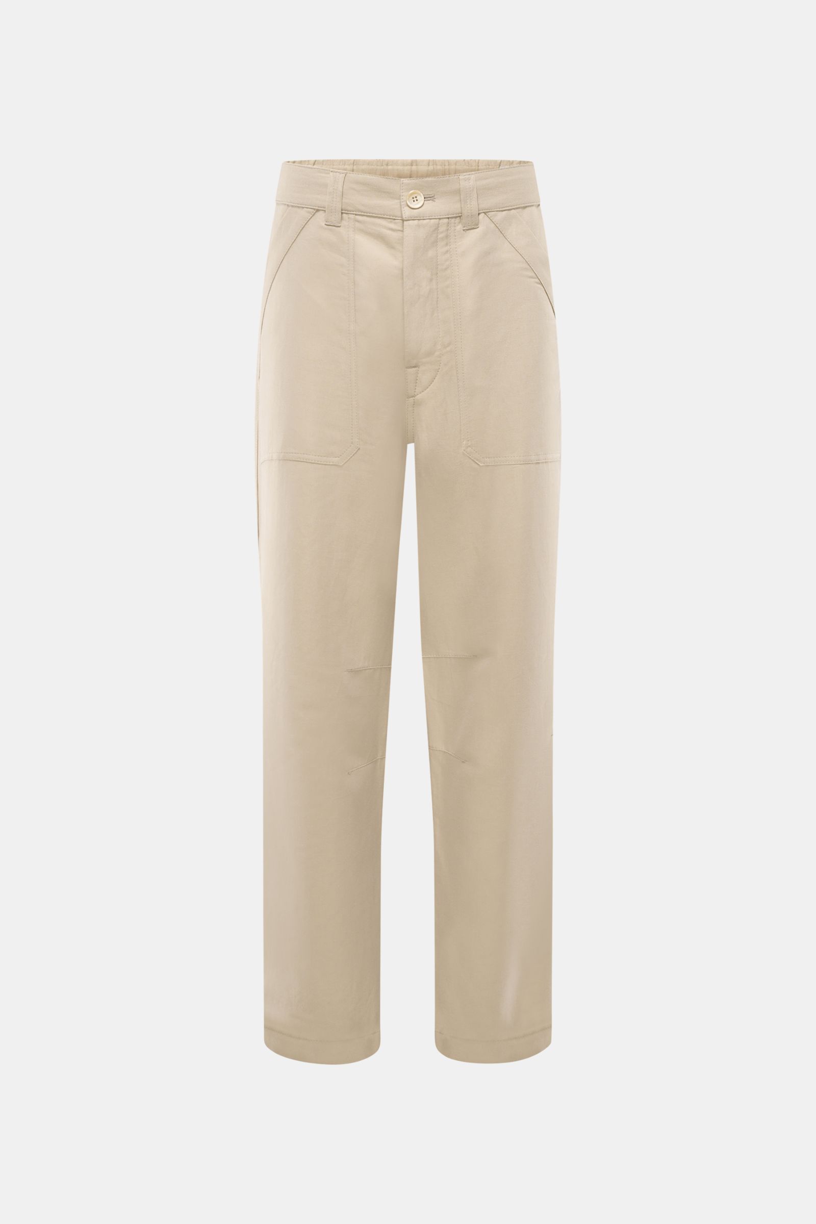 Beige Brunello Cucinelli Jogpants, frontale Nahaufnahme, Twill aus Leinen und Baumwolle, weicher Griff, Tapered Fit, knöchellang, Button Fly, französische Taschen.