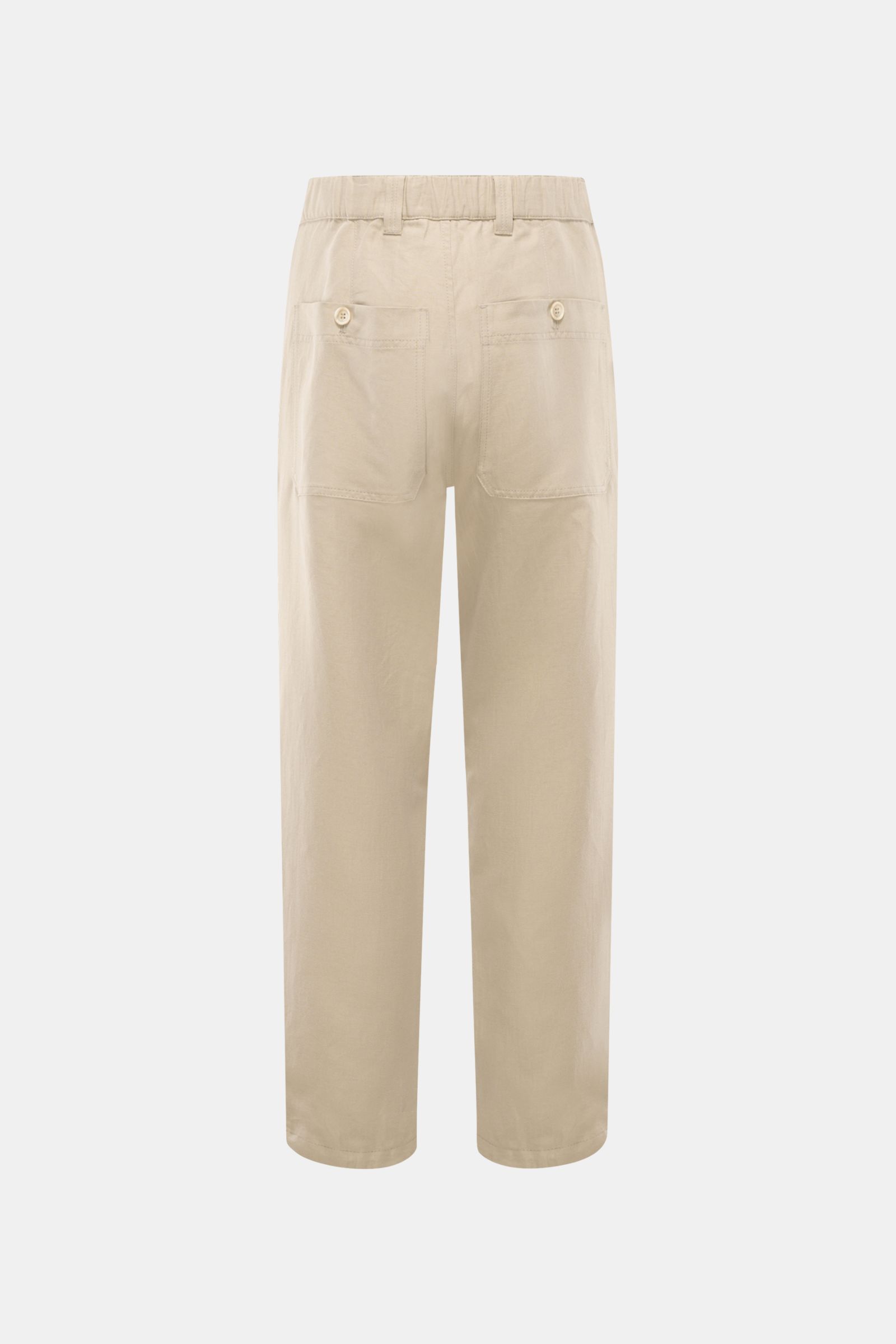 Brunello Cucinelli Jogpants beige aus Leinen-Baumwolle, knöchellang, gerader Schnitt, Button Fly, Taschen, Rückansicht, weicher Griff, Tapered Fit.