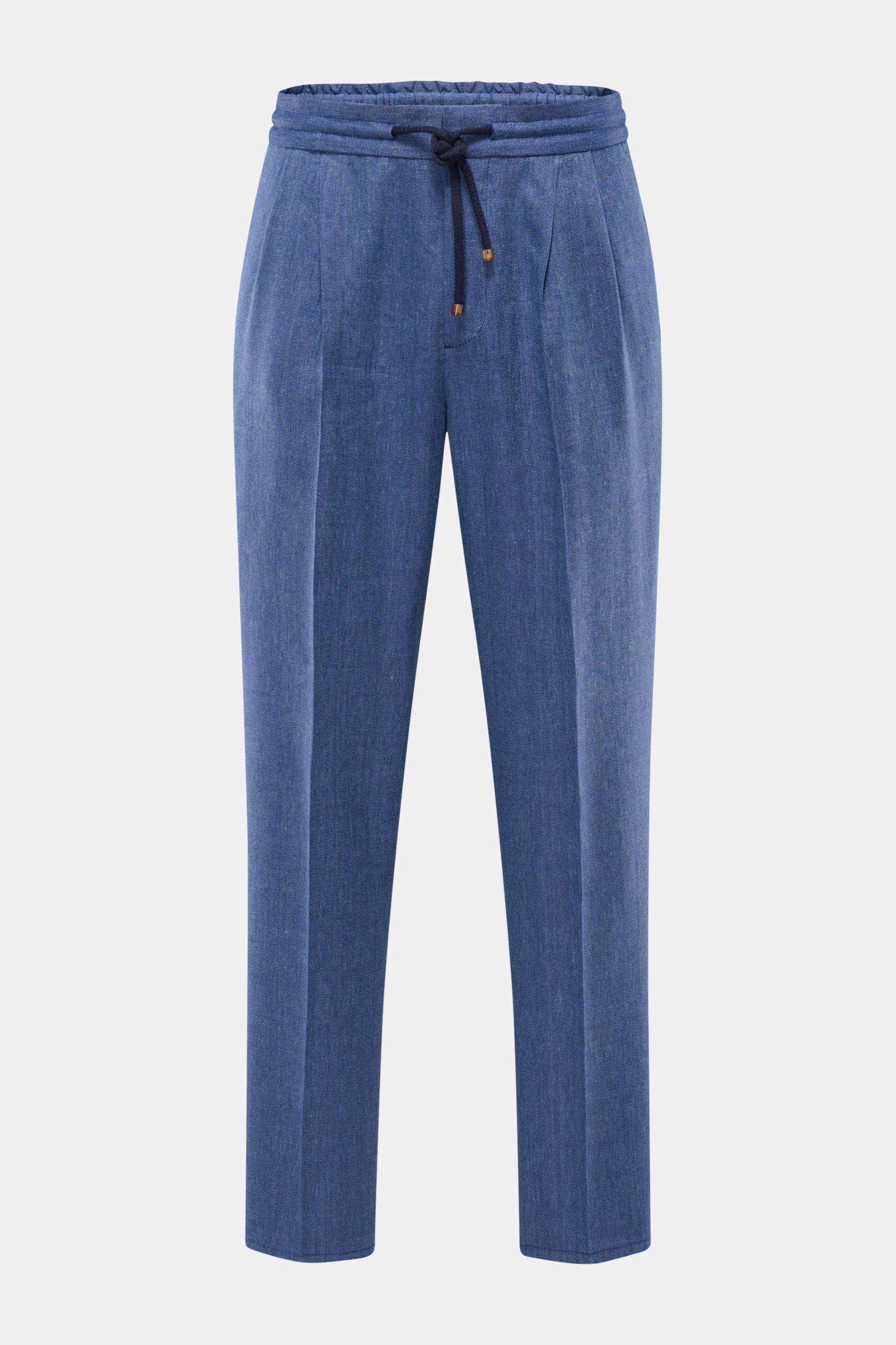 Front view of Brunello Cucinelli Jogpants graublau meliert in linen-wool blend with tonal herringbone, elastic waistband, and tailored fit. BRUNELLO CUCINELLI ist der Meister der Eleganz in Verbindung mit hochwertigen Geweben: Diese Jogpants aus Leinen