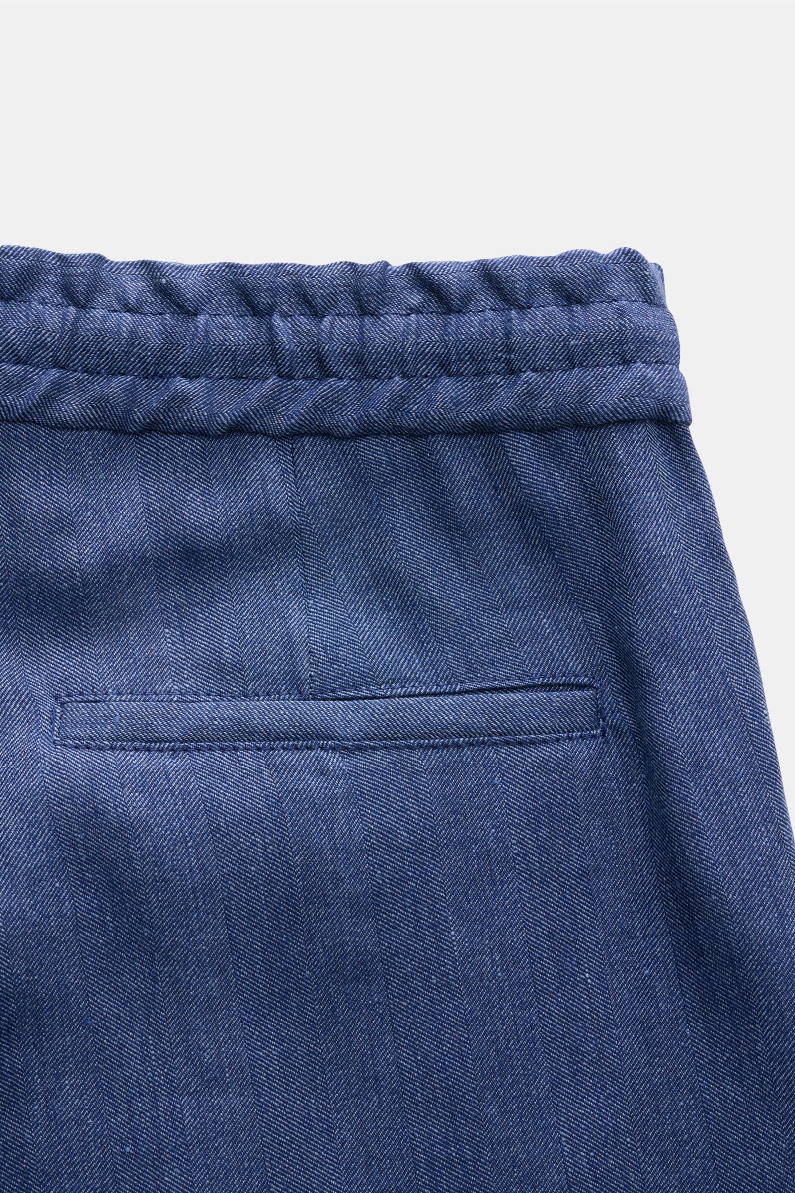 Brunello Cucinelli Jogpants graublau meliert shown from above, highlighting elastic waistband, tonal herringbone mix of linen and wool, soft feel, regular fit, slim taper, zipper with hook, double waistband pleat, French and welt back pockets, ideal for c