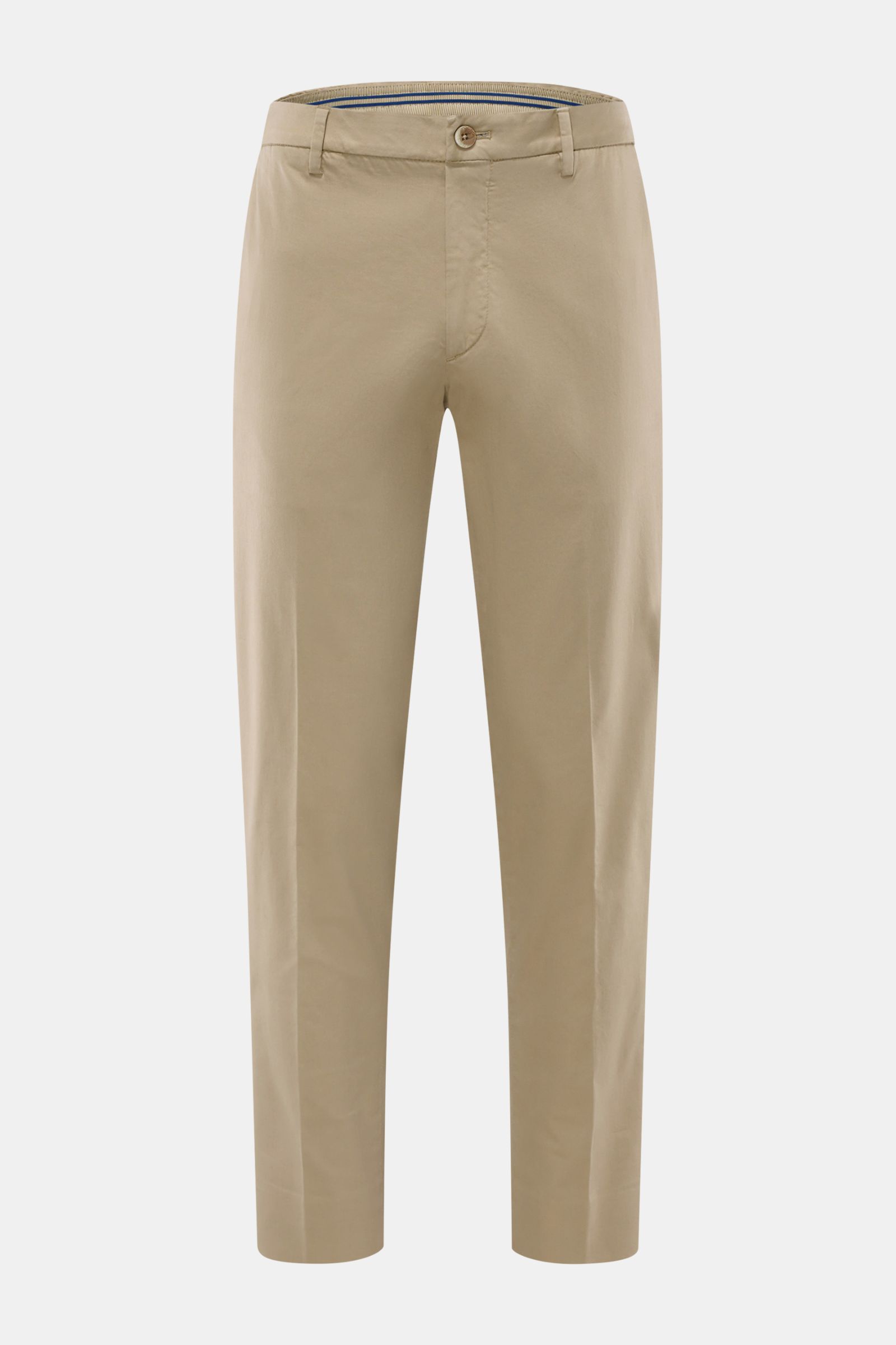 GTA Chino 'Davide' beige aus Baumwoll-Twill, schmal zulaufend, knöchellang, mit Knopf und Reißverschluss, Frontalansicht.