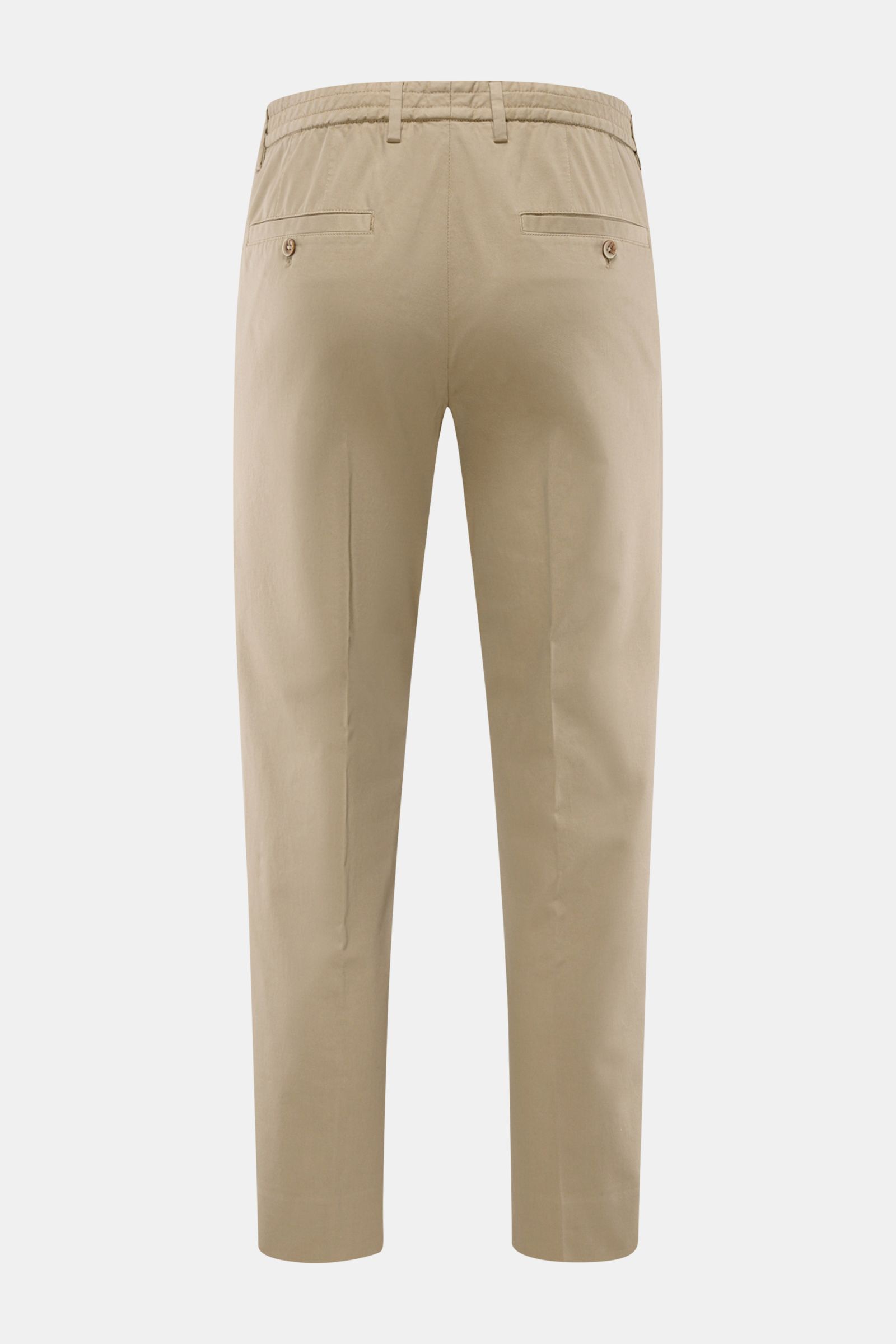 GTA Chino 'Davide' beige, knöchellang, schmal zulaufend, elastischer Bund, Rückansicht mit zwei Gesäßtaschen und Knöpfen.