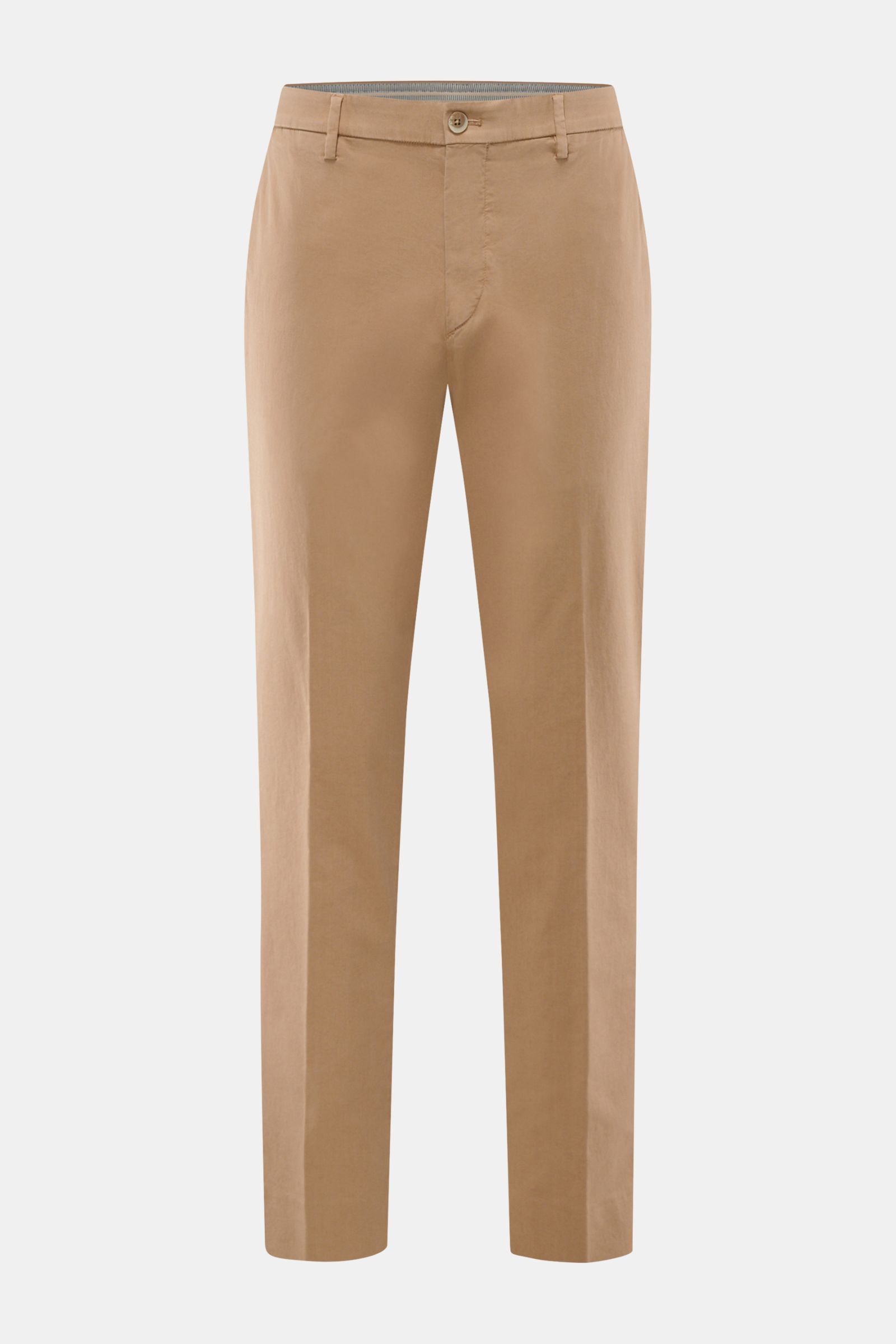 GTA Chino 'Davide' hellbraun front view, slim fit cotton twill pants with elastic waistband, zipper, button, French pockets, and buttoned back pockets. 
