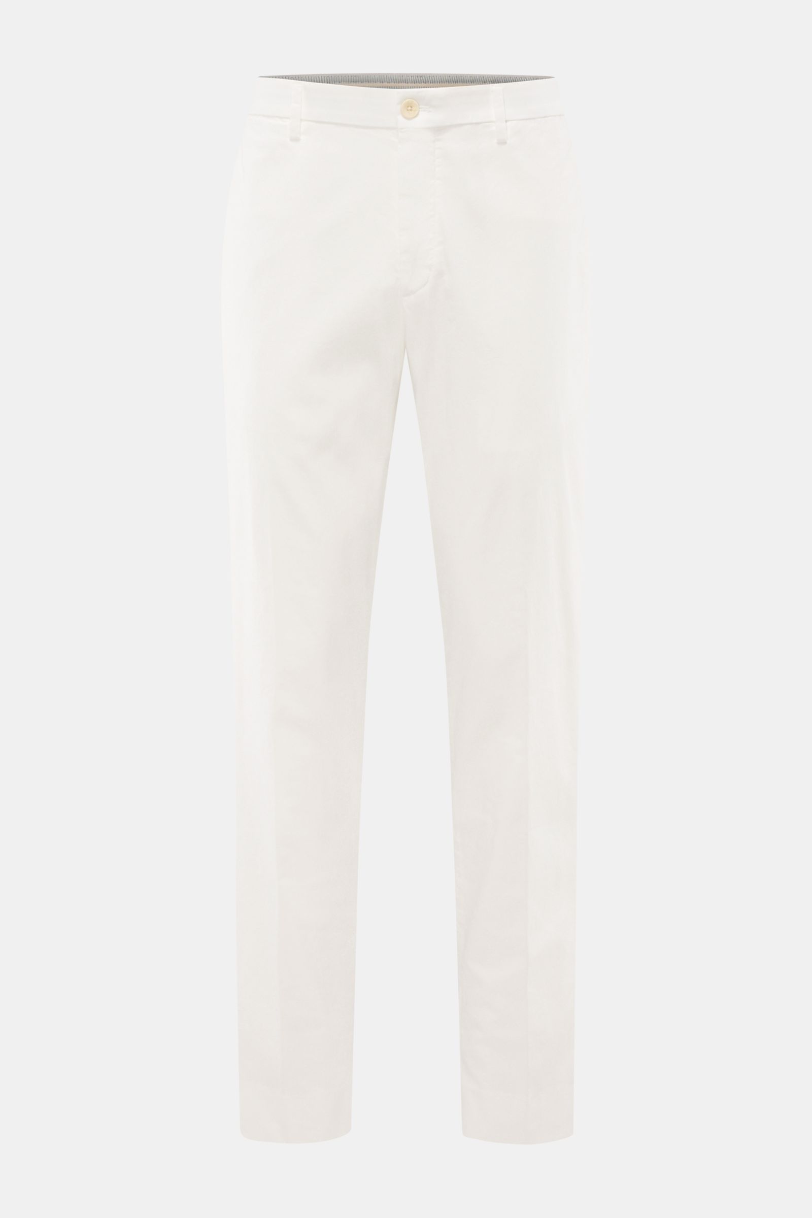 Front view of GTA Chino 'Davide' creme pants made of pure cotton twill, featuring elastic waistband, zipper, button, French pockets, slim tapered fit, and subtle logo detail.