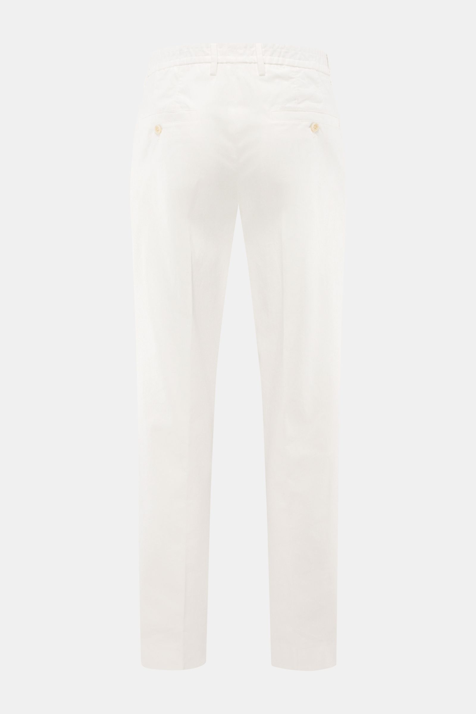 Rear view of GTA Chino 'Davide' creme pants showing twill cotton fabric, elastic waistband, buttoned back pockets, and slim tapered fit.