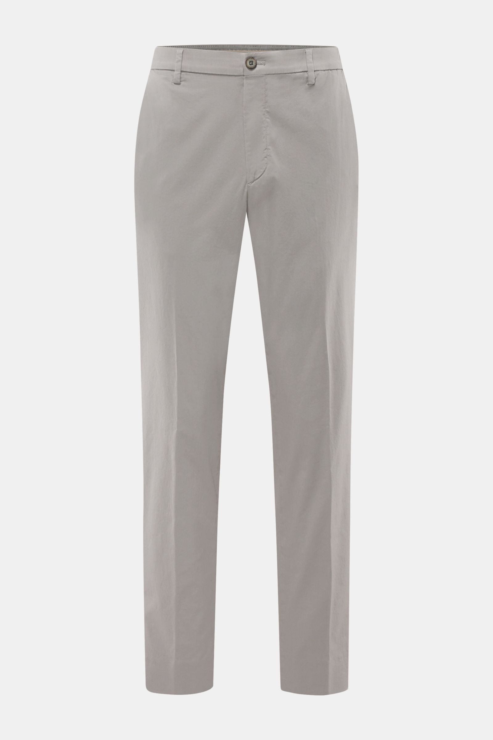 Front view of GTA Chino 'Davide' grau, slim tapered grey cotton twill pants with elastic waistband, zipper, button, French pockets, and subtle logo detail, photographed against a white background.