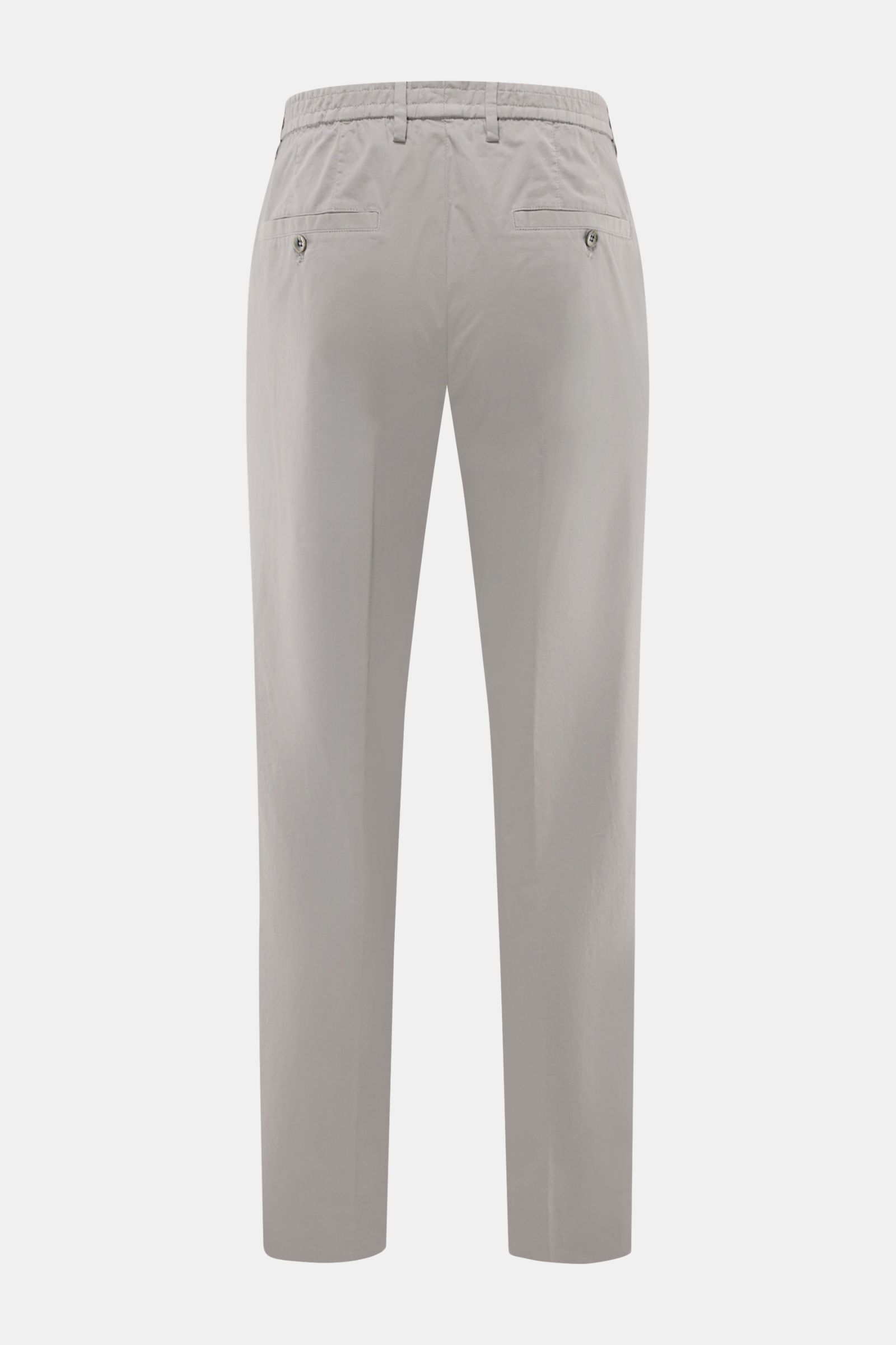 Rear view of GTA Chino 'Davide' grau in light grey cotton twill, showing elastic waistband with belt loops, buttoned back pockets, and slim tapered fit. 
