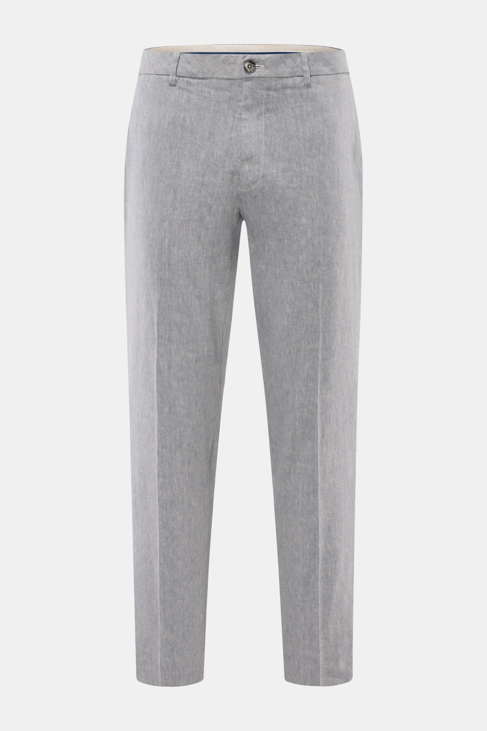 GTA Hose 'Davide' graublau meliert, Frontansicht, leichte Leinen-Baumwollmischung, elastischer Bund, schmal zulaufender Tapered Fit, Knopf- und Reißverschluss.