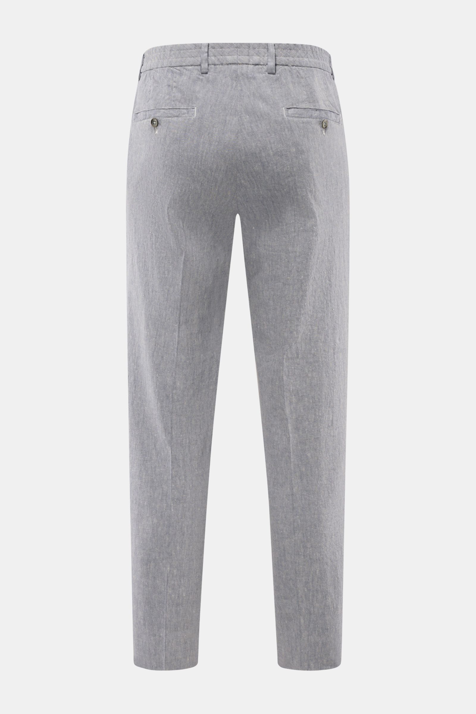 GTA Hose 'Davide' graublau meliert, Rückansicht, knöchellang, schmal zulaufend, Leinen-Baumwoll-Mix, elastischer Bund, französische Taschen.