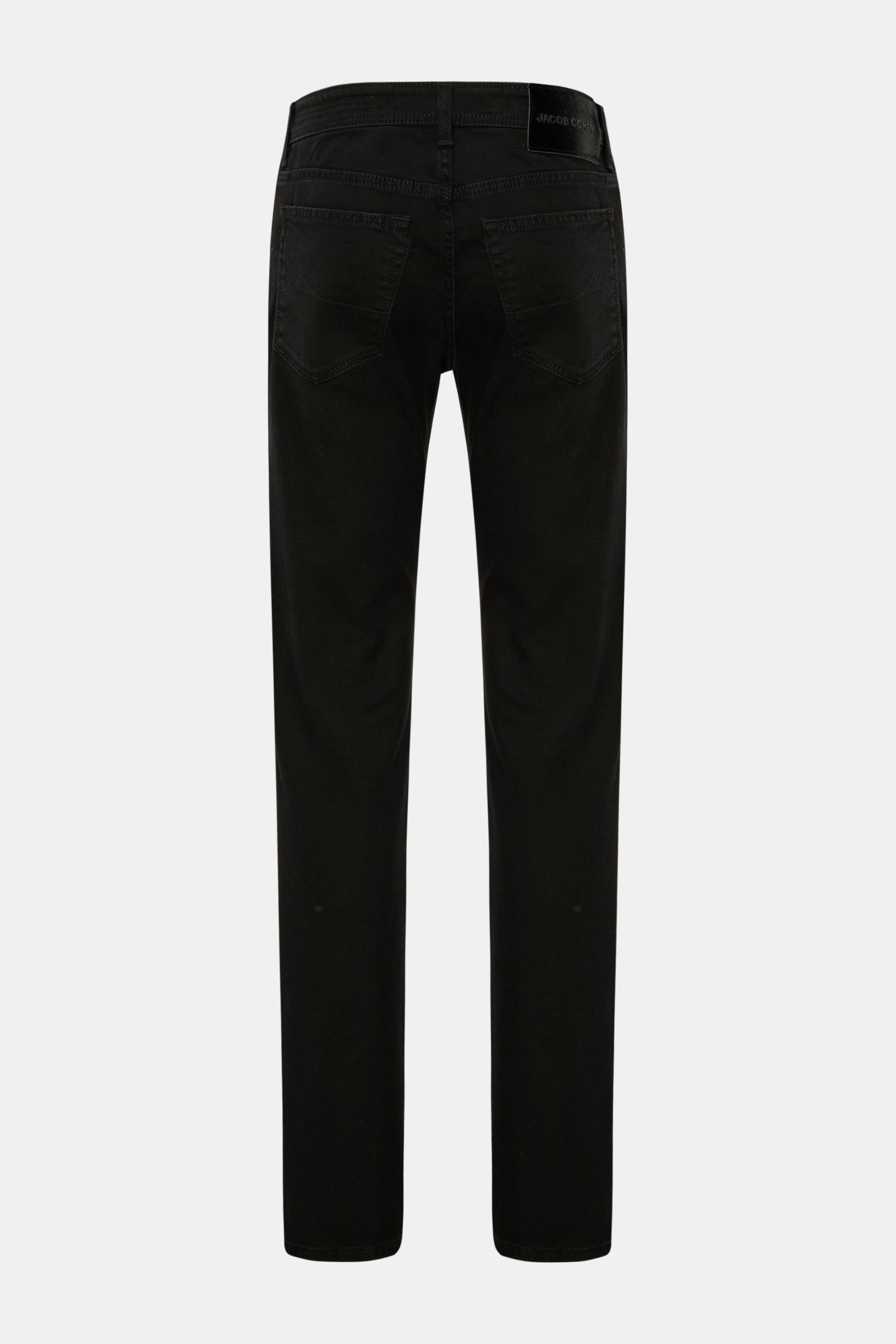 Jacob Cohen Jeans 'Bard' black (formerly J688) shown from the back, slim fit, slightly tapered cut, denim of cotton and microfibre, slight stretch, lightweight robust fabric, button fly, five-pocket style with coin pocket initial, signature pony skin patc