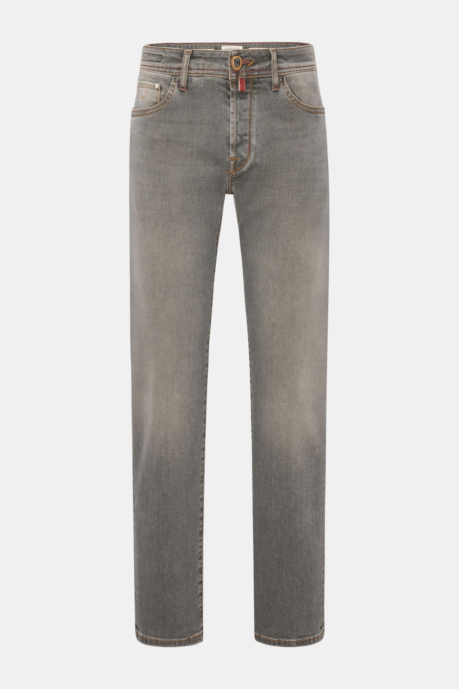 Frontansicht der Jacob Cohen Jeans 'Scott' grau, Slim Fit, knöchellang mit dezenter Used-Waschung, Baumwoll-Denim und Button Fly.