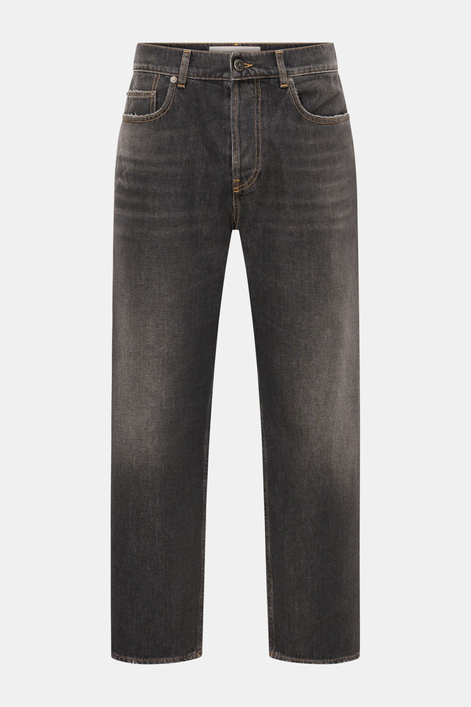 Golden Goose Jeans 'Skate Loose' dunkelgrau, Frontansicht, knöchellang, Tapered Fit, reine Baumwolle, Used-Waschung, Distressed-Details, Button-Fly.