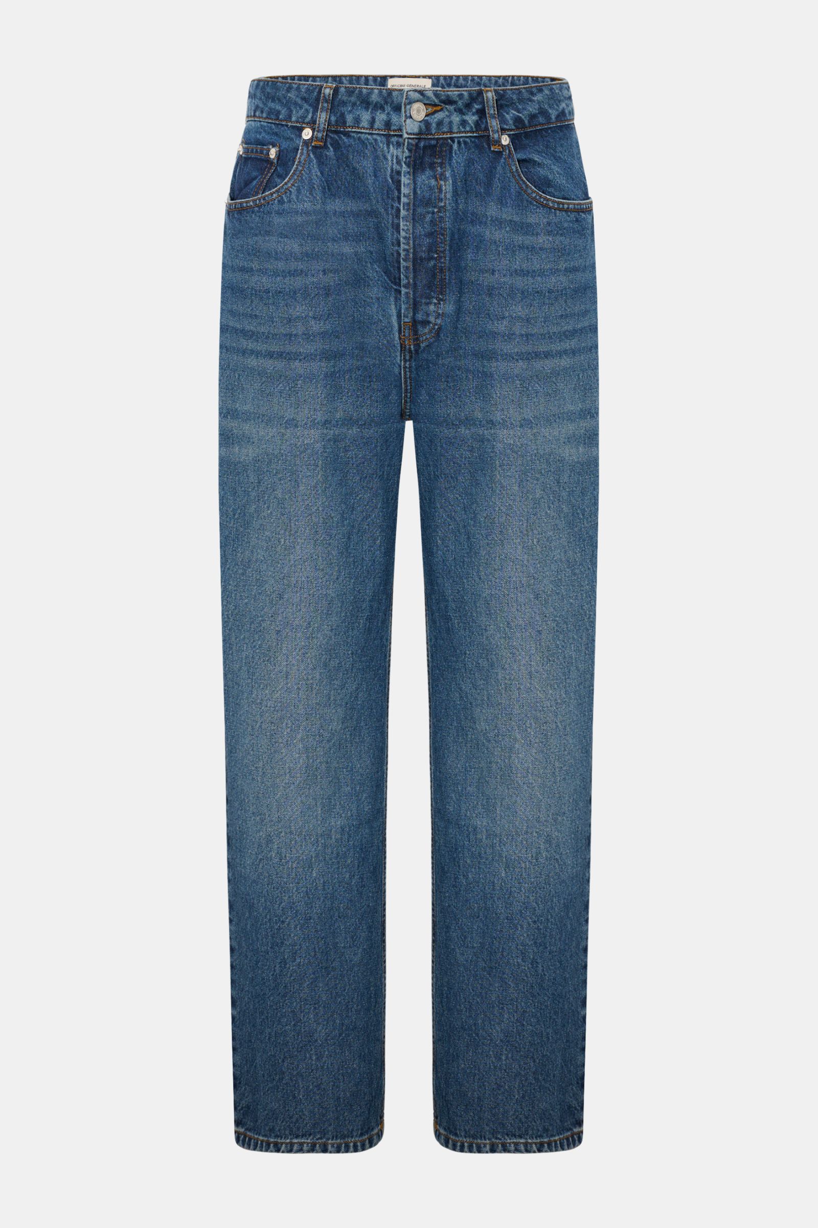 Officine Générale Jeans 'Vintage Original' graublau, Frontansicht, Denim aus reiner Baumwolle, leicht griffig, Tapered Fit, regulär, knöchellang, gerader Schnitt, authentische Waschung, Button Fly, Five-Pocket-Stil.