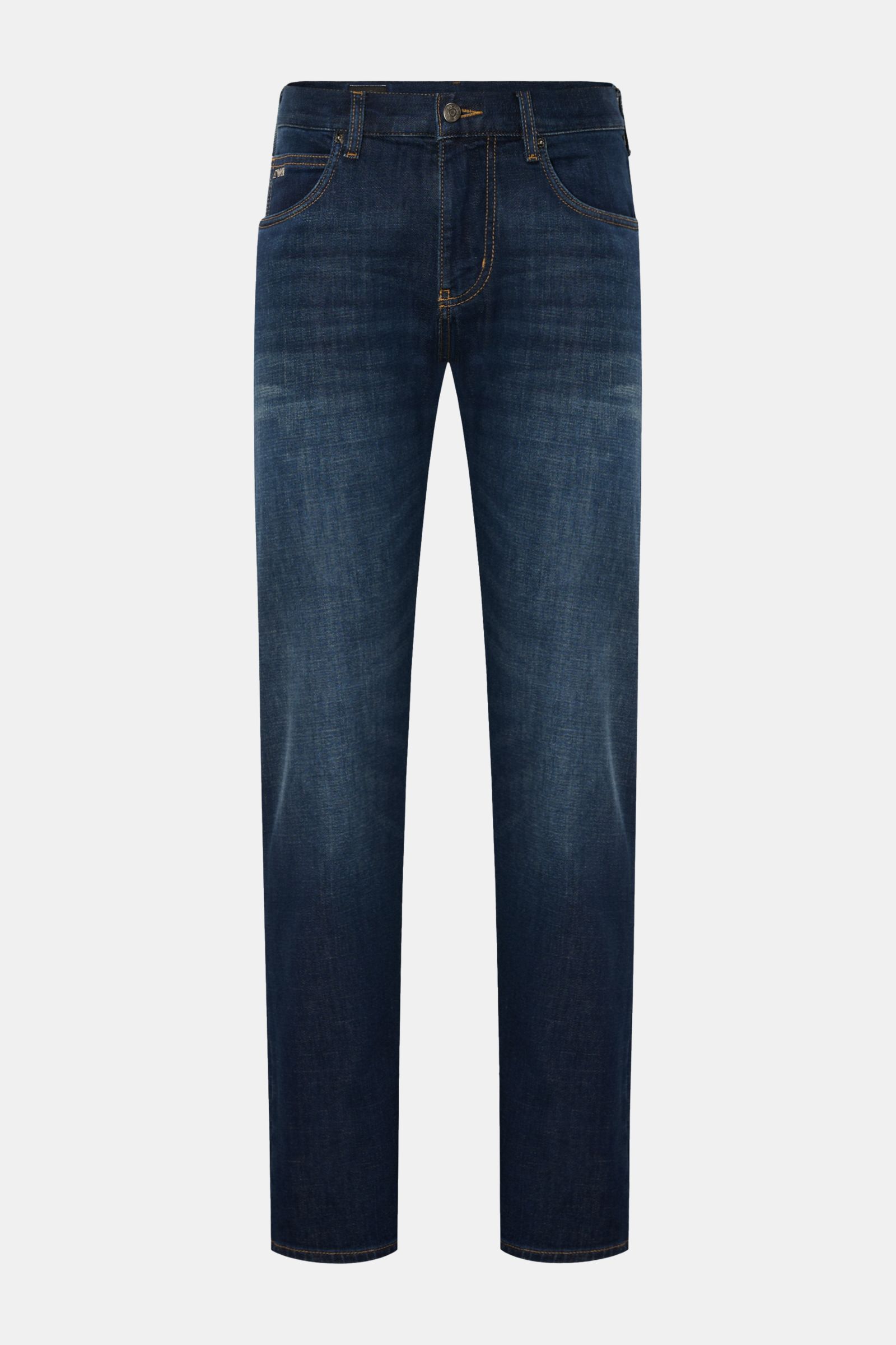 Emporio Armani Jeans navy, frontale Ansicht, Slim-Fit-Jeans mit schmal zulaufendem Bein, dezenter Used-Waschung, Five-Pocket-Stil, Baumwolle mit Stretch.
