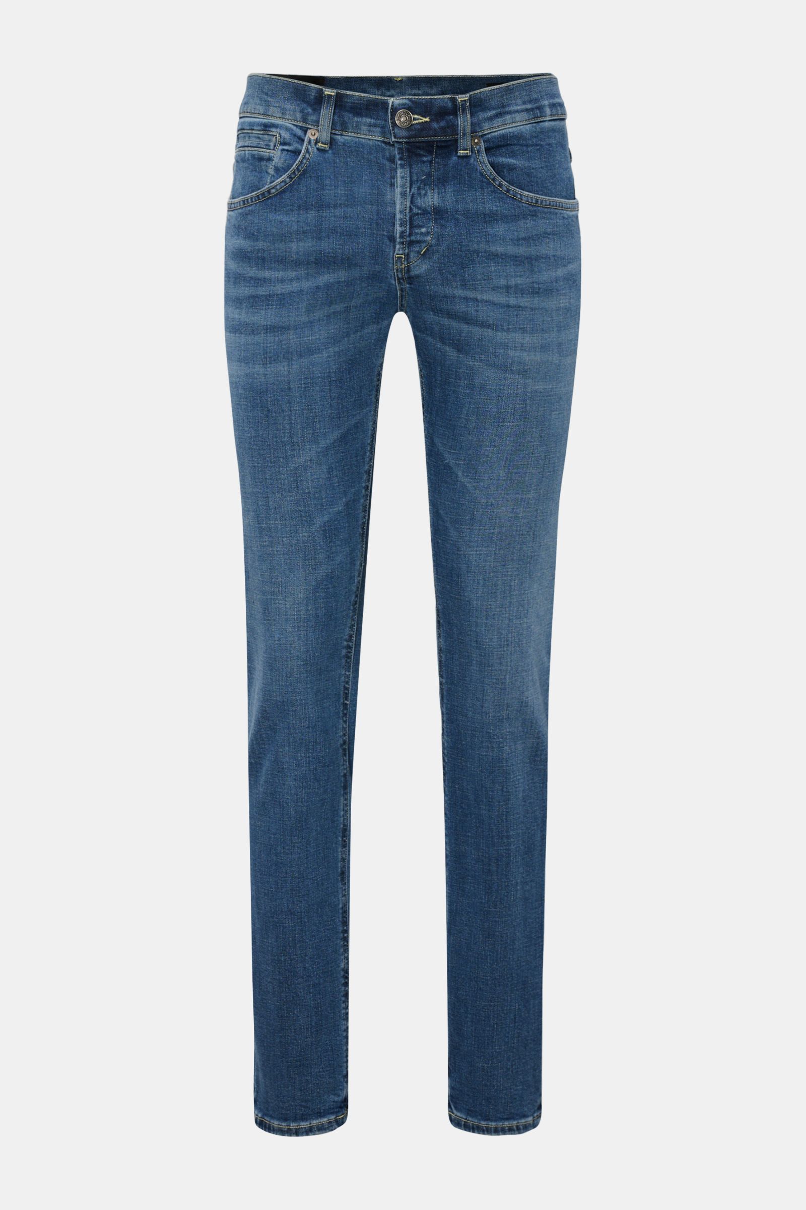 Dondup Jeans 'George' blau, frontale Ansicht, Denim aus Baumwolle mit leichtem Stretch, Skinny Fit, authentische Waschung, Button Fly, Five-Pocket-Stil.