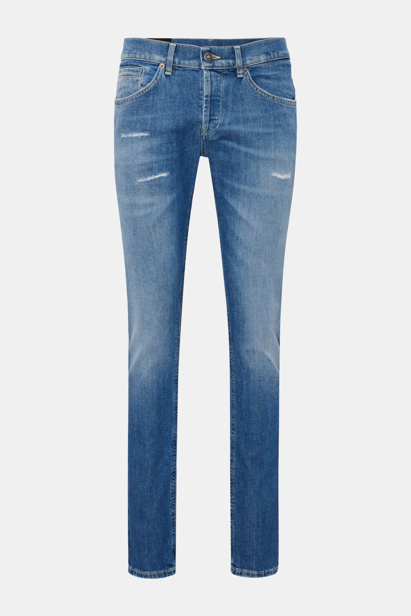 Dondup Jeans 'George' blau, frontale Nahaufnahme, Denim aus Baumwolle, leichter Stretch, weicher Griff, Skinny Fit, schmal geschnittene Wade, authentische Waschung, Distressed-Effekte, Button Fly, Five-Pocket-Stil, paspelierte Münztasche, Gesäßtaschen mit